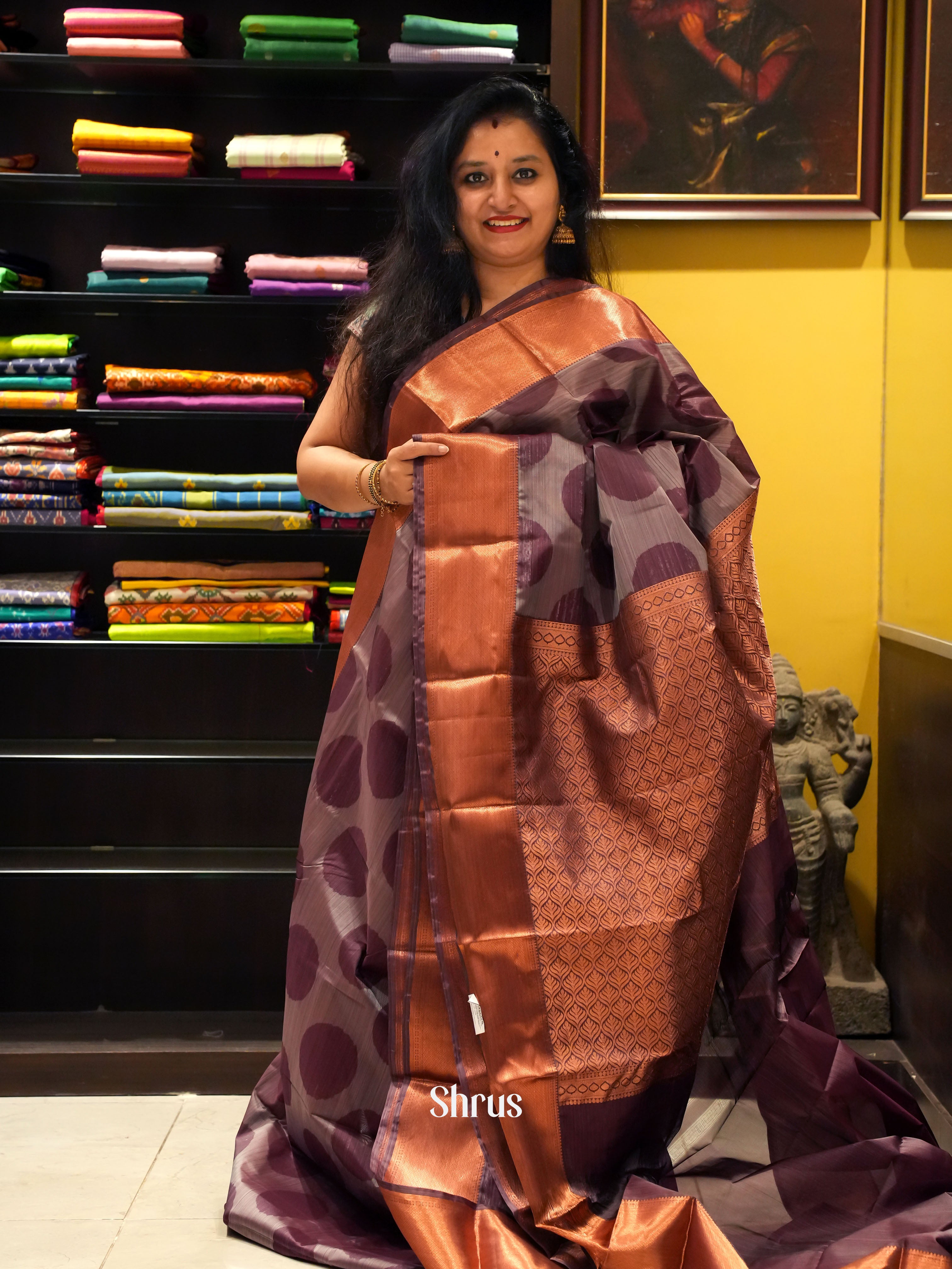 Grey  & Brown - Kanchipuram-halfpure  Saree