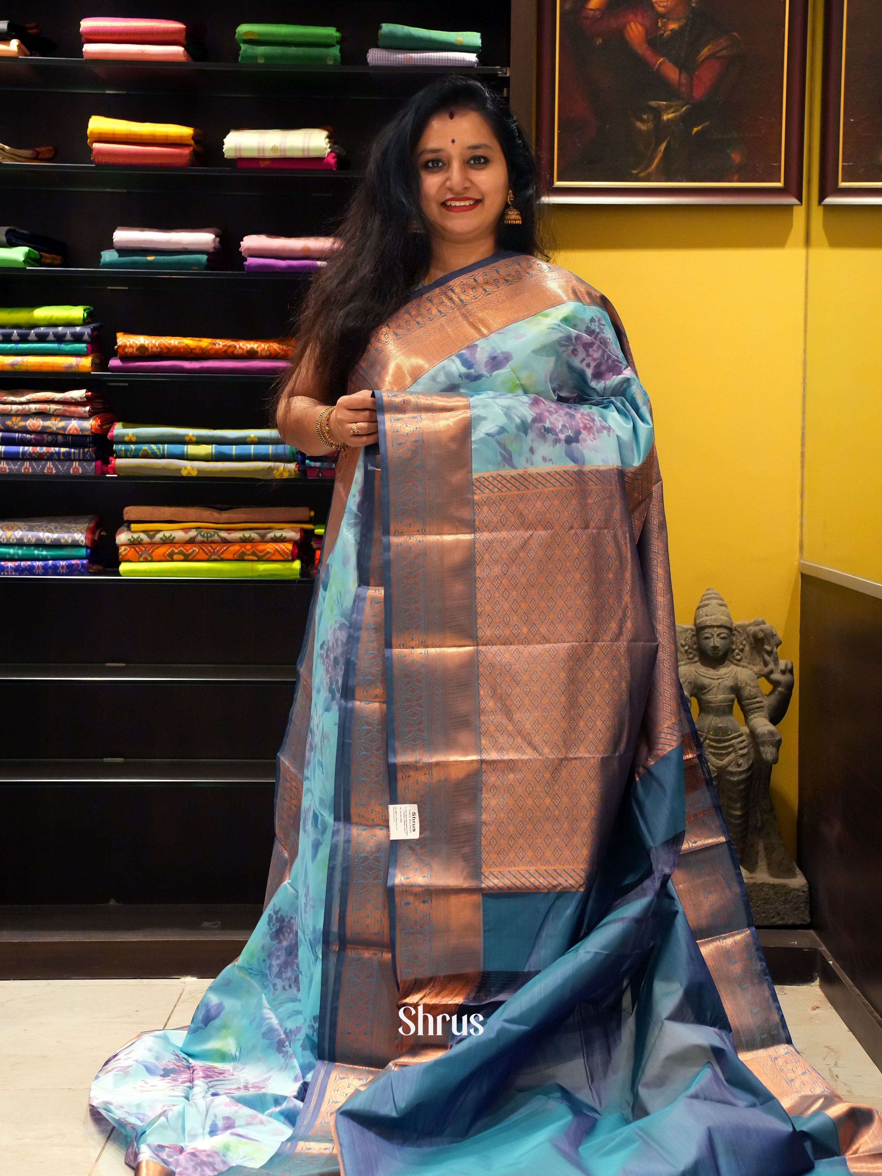 Teal & Blue - Kanchipuram-halfpure  Saree