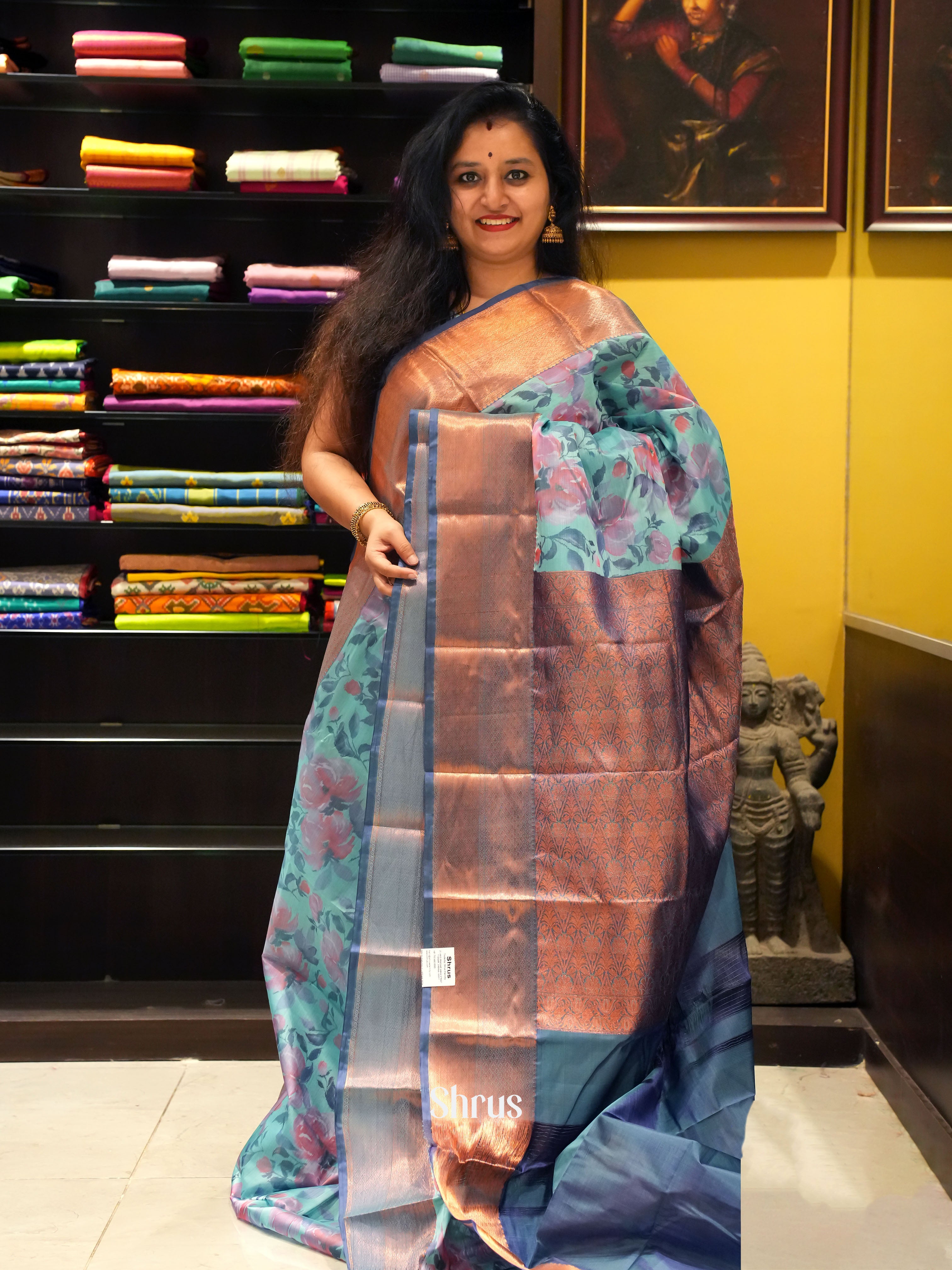 Teal & Blue - Kanchipuram-halfpure  Saree