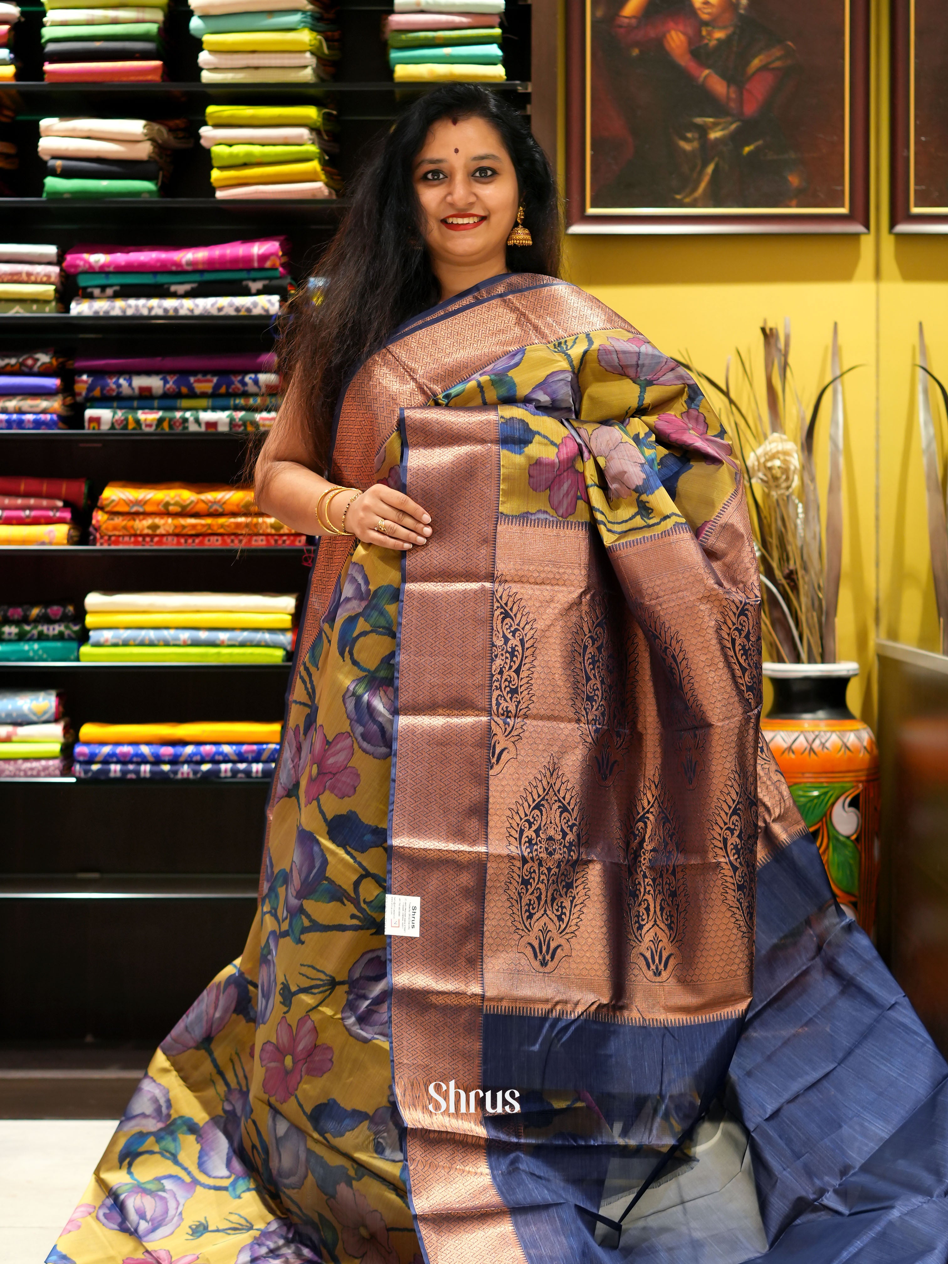 Mustard & Blue - Kanchipuram-halfpure Saree