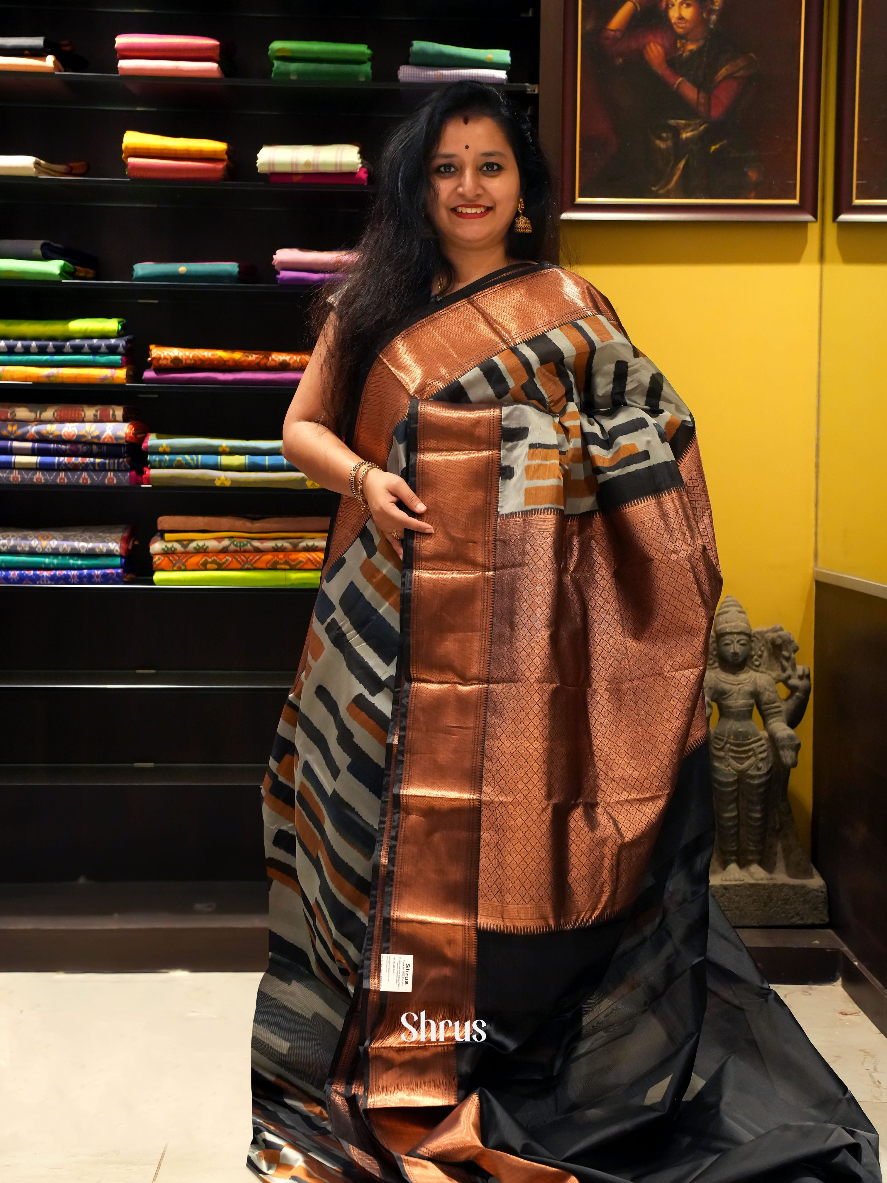 Grey & Black - Kanchipuram-halfpure  Saree