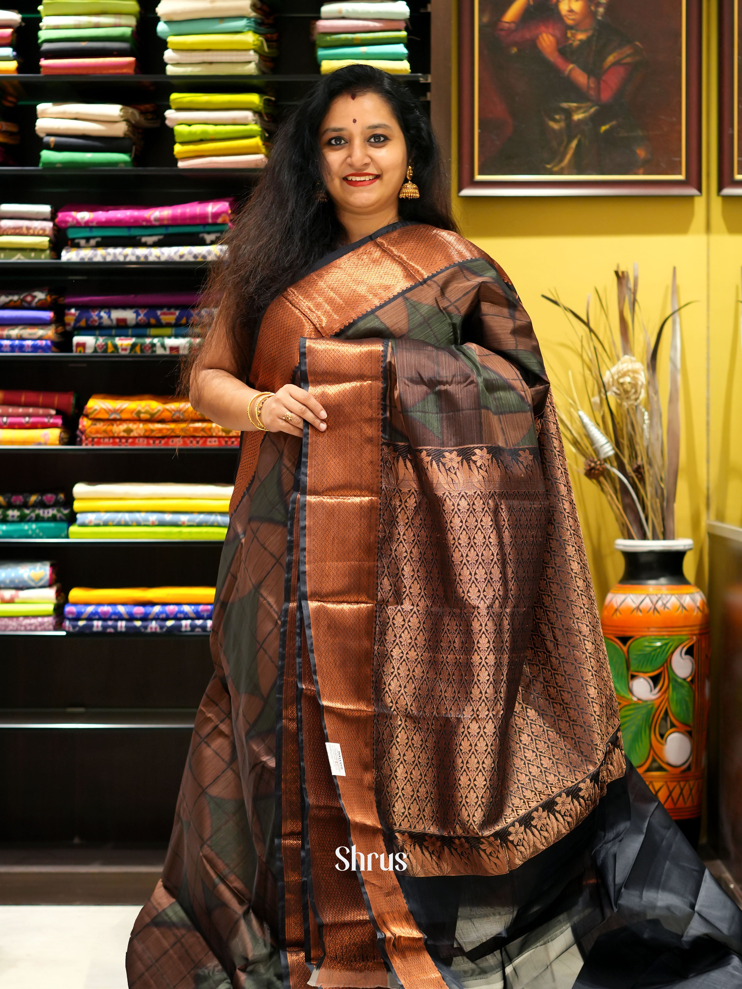 Brown & Black - Kanchipuram-halfpure Saree