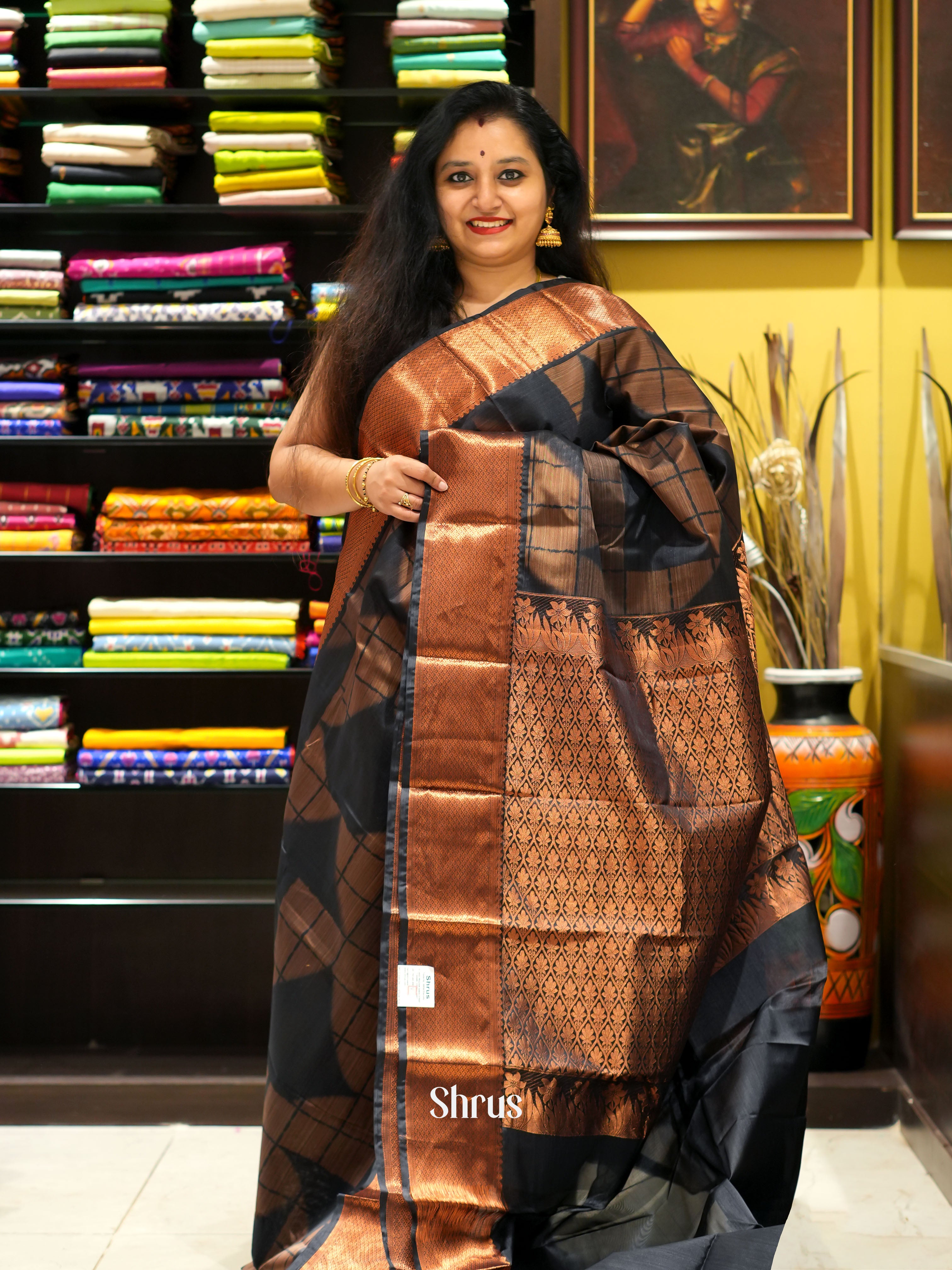 Brown & Black - Kanchipuram-halfpure Saree