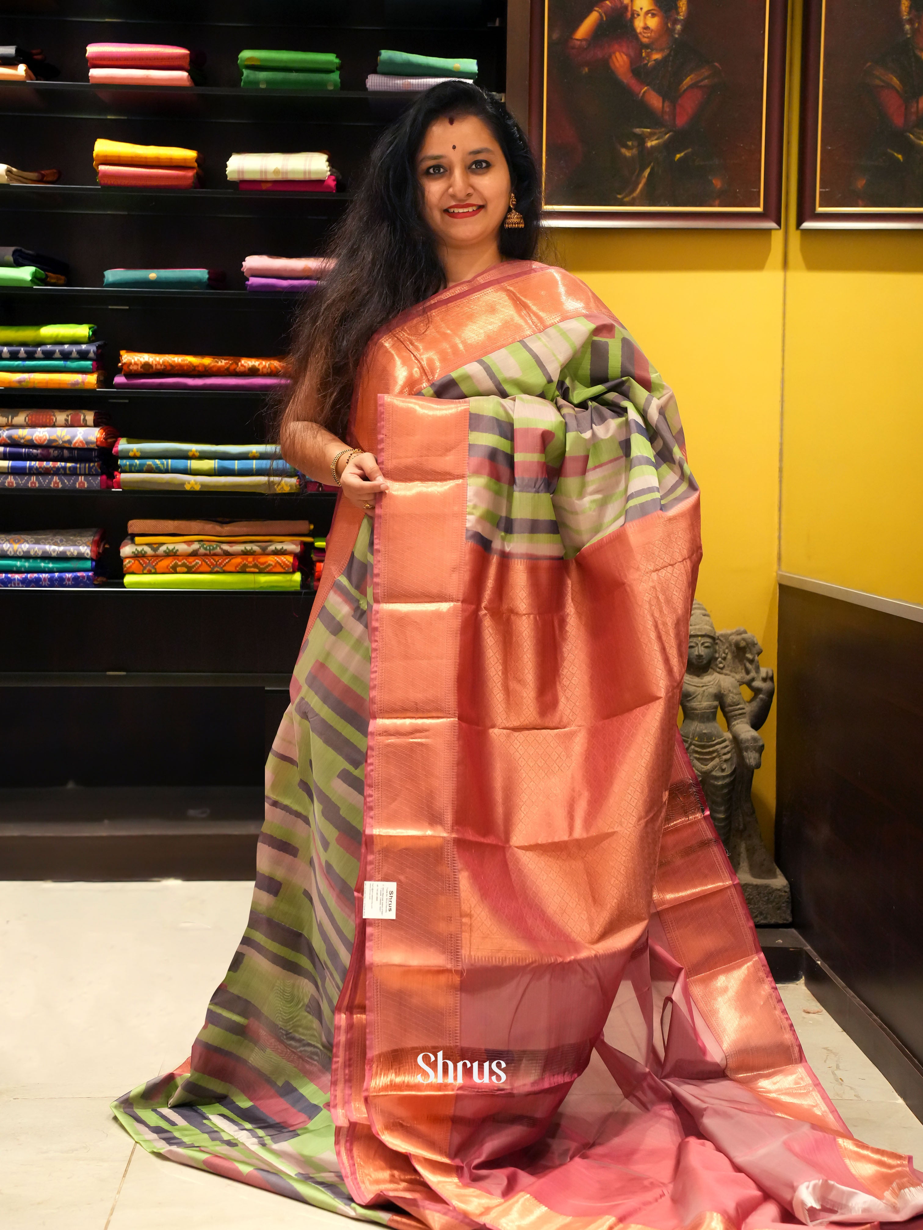 Green & Orangish Pink - Kanchipuram-halfpure  Saree