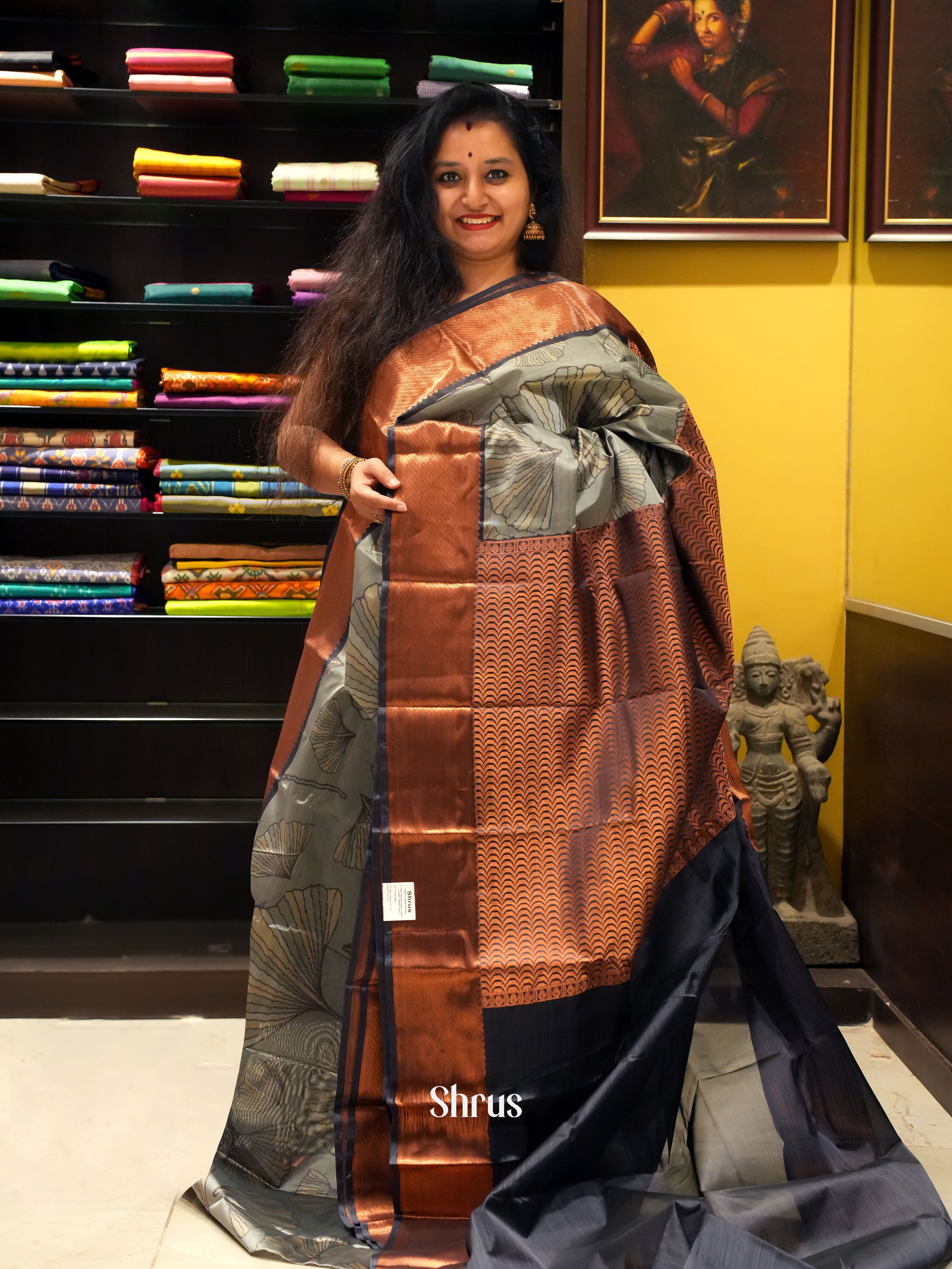 Grey & Black - Kanchipuram-halfpure  Saree