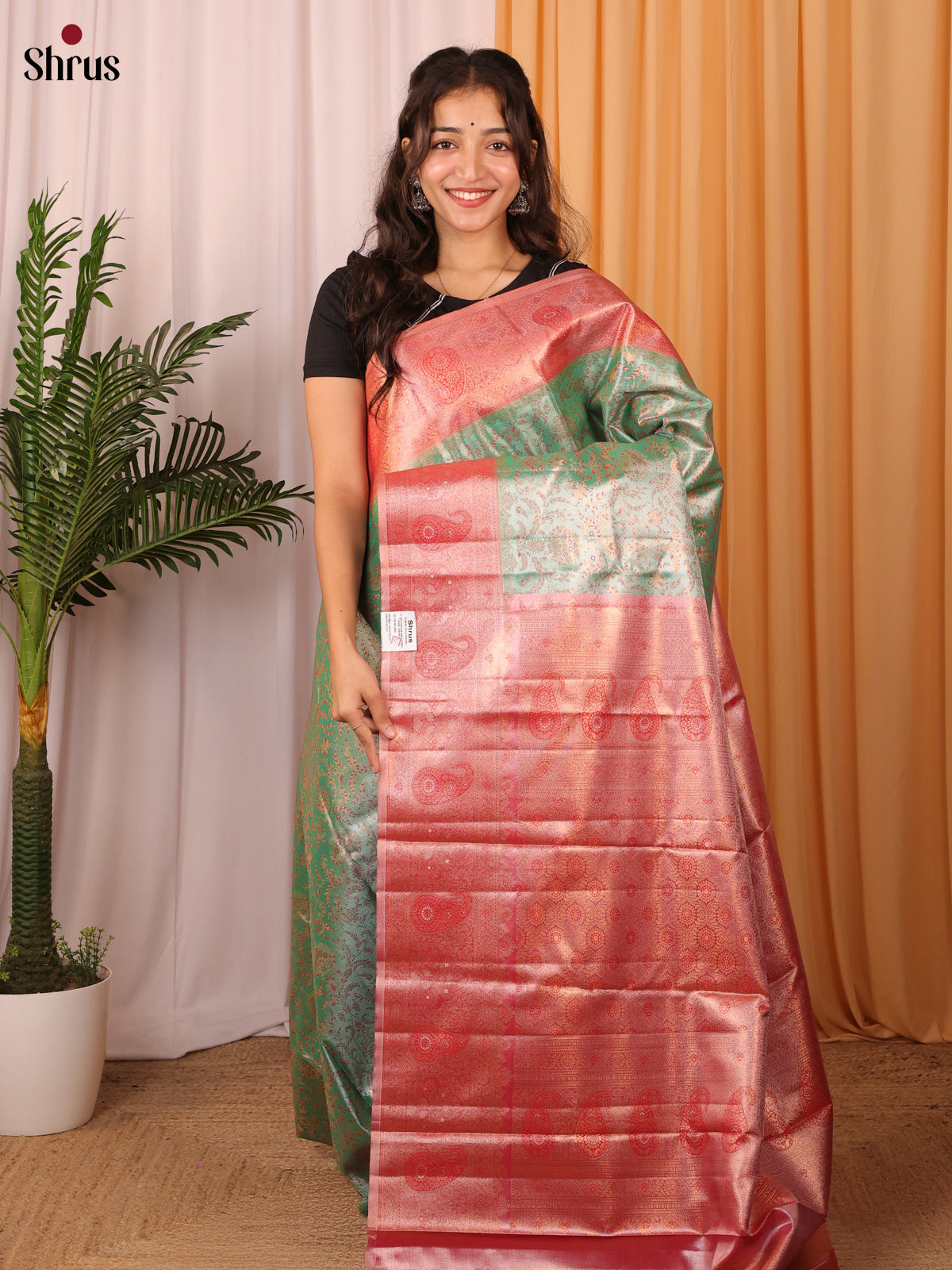 Green & Red - Kanchipuram-halfpure Saree