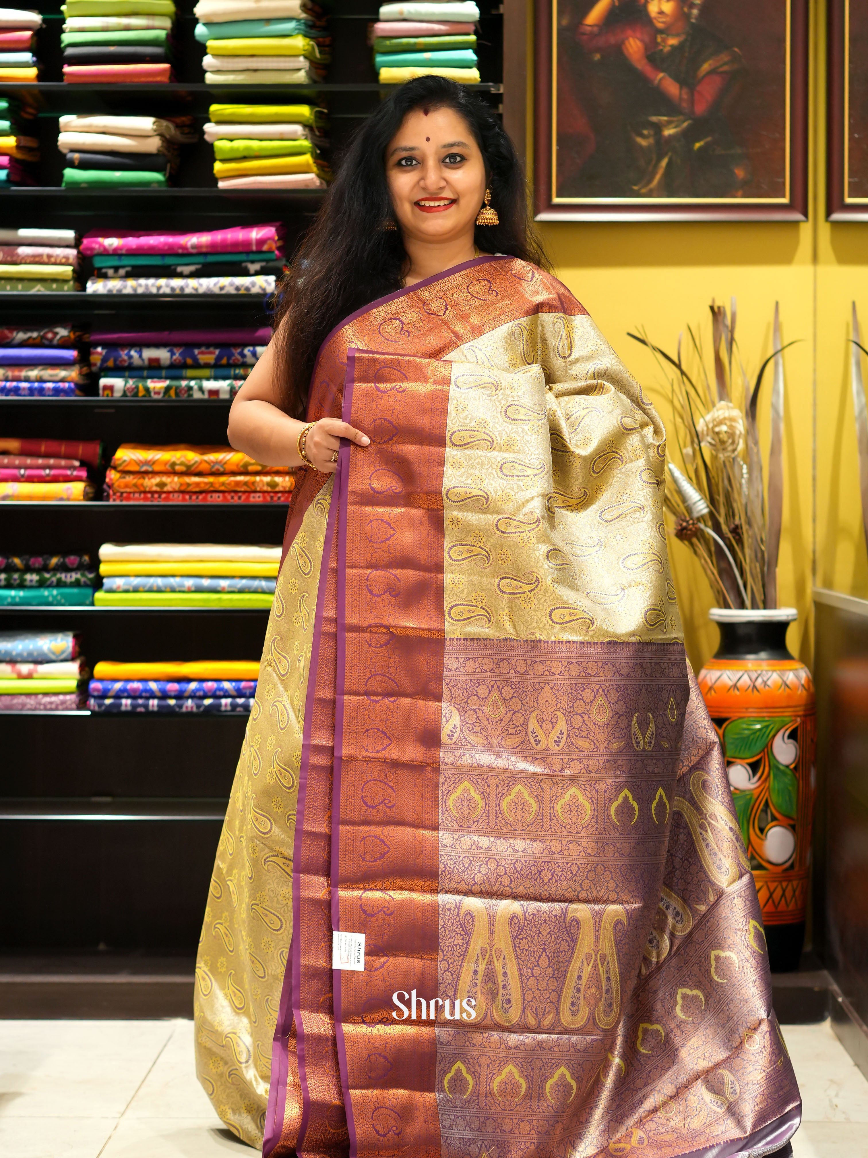 Greenish Gold  & Purple - Kanchipuram-halfpure Saree