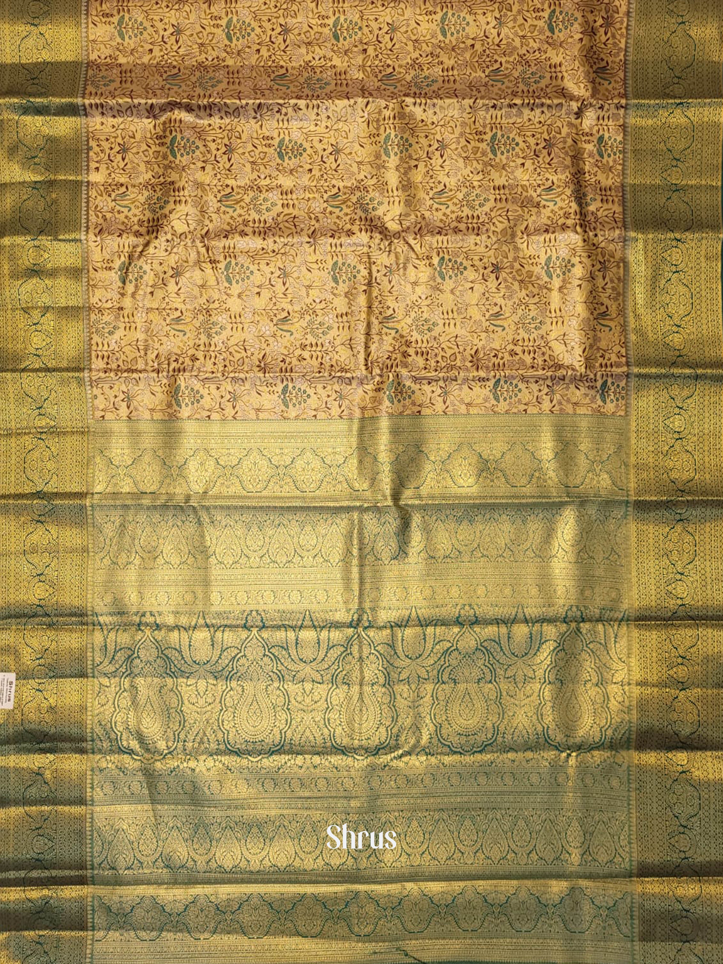 Beige & Green - Kanchipuram-halfpure Saree