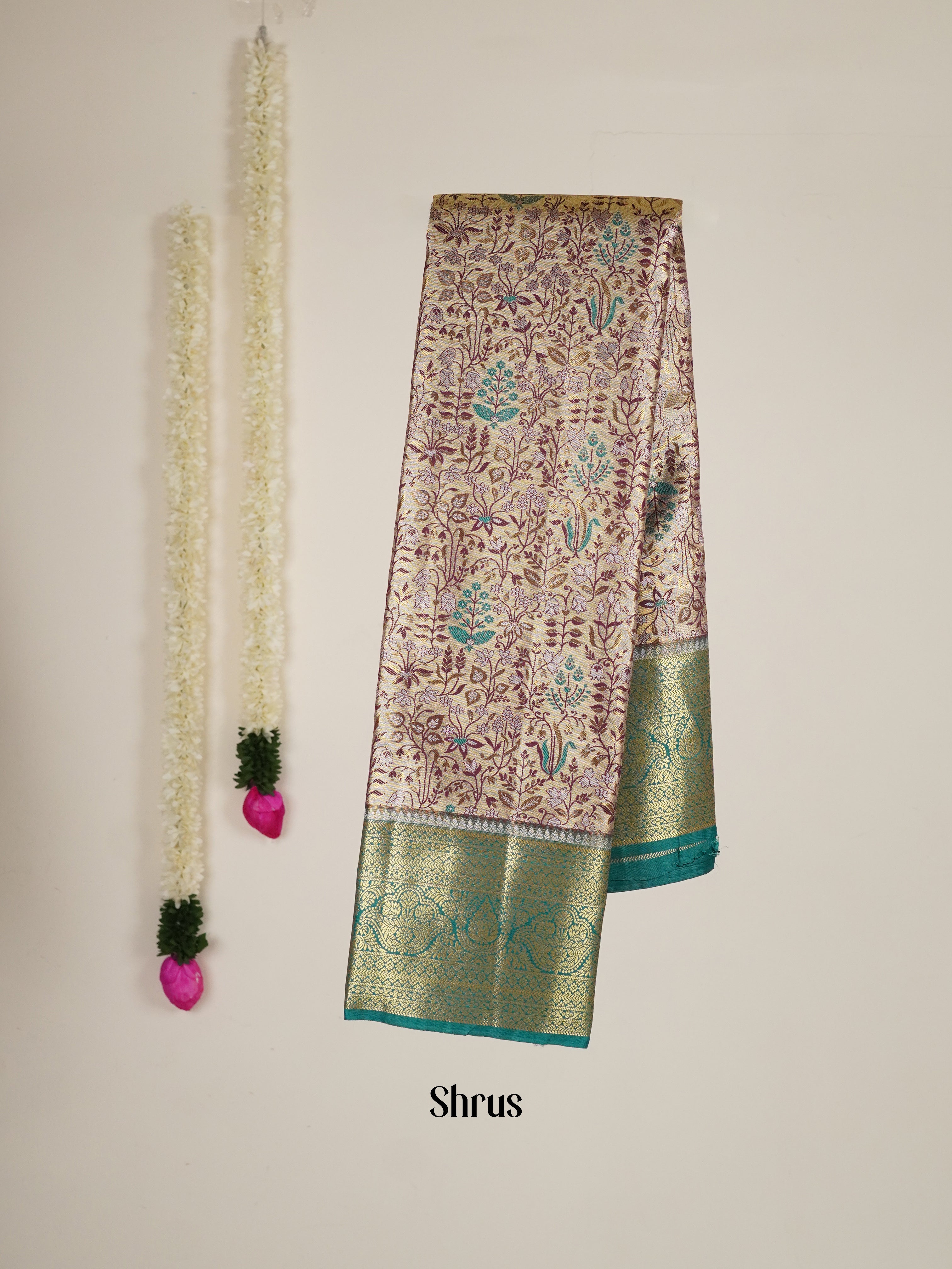 Beige & Green - Kanchipuram-halfpure Saree