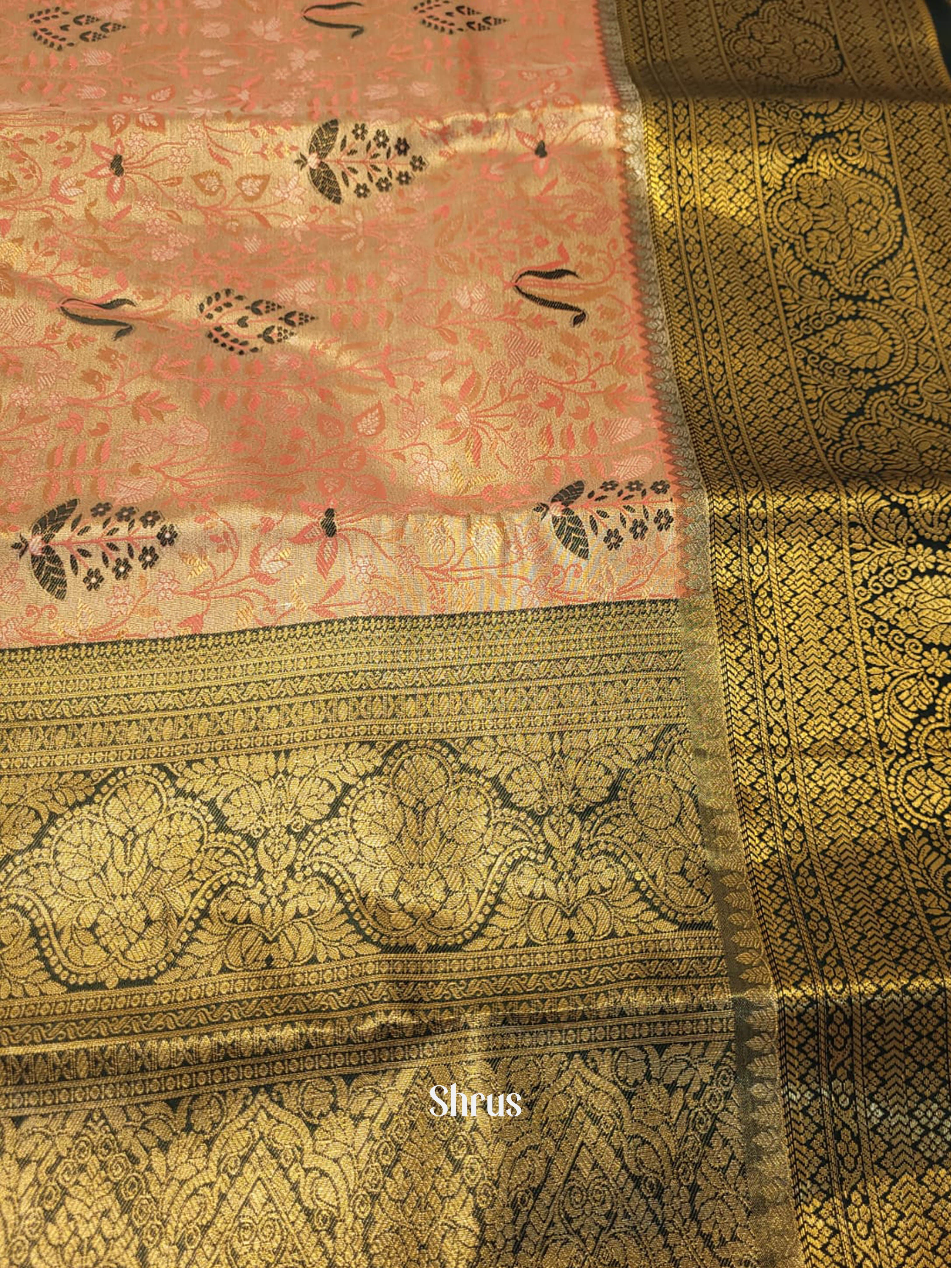 Peach  & Green - Kanchipuram-halfpure Saree