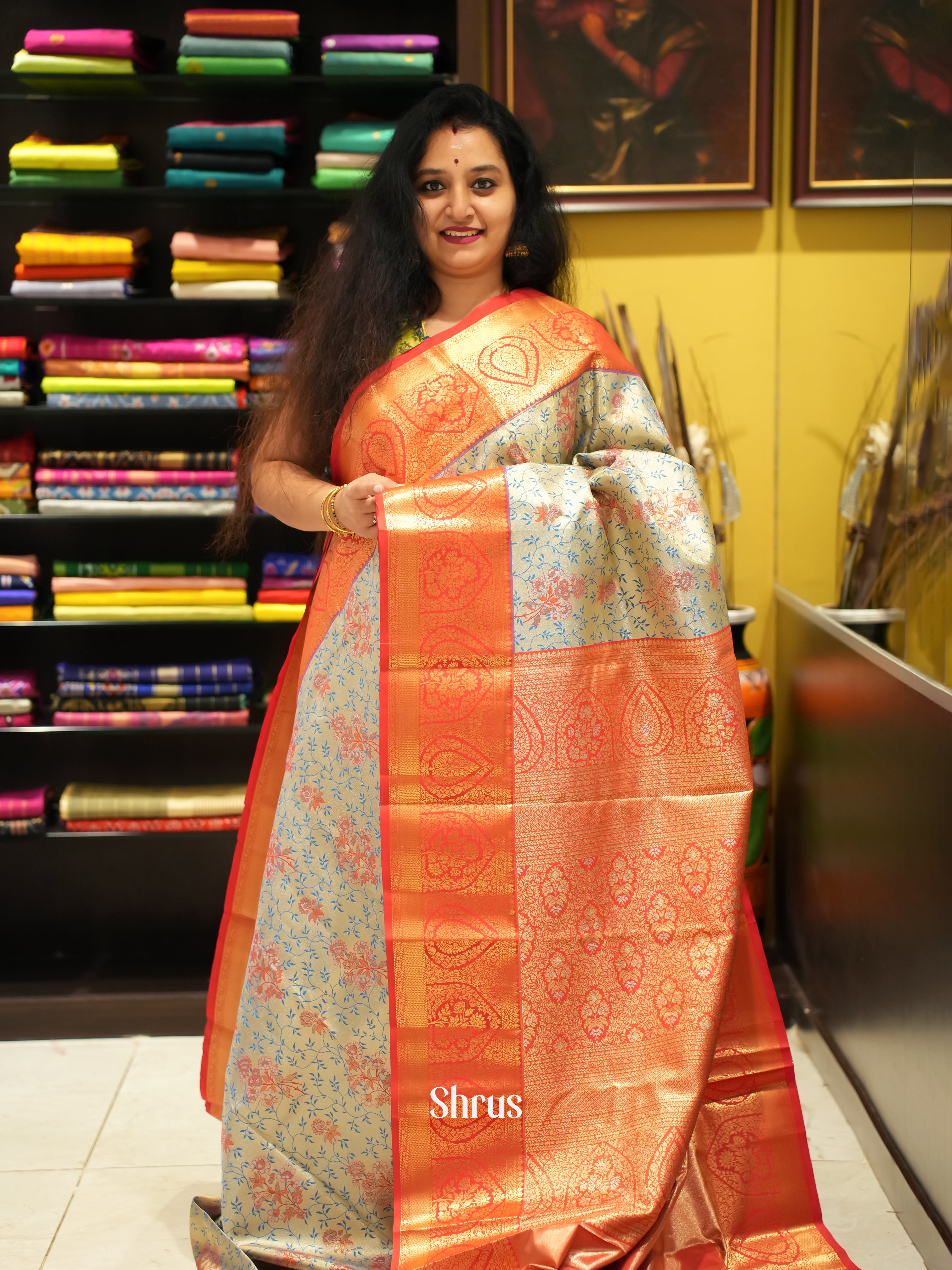 Grey & Red - Kanchipuram-halfpure Saree