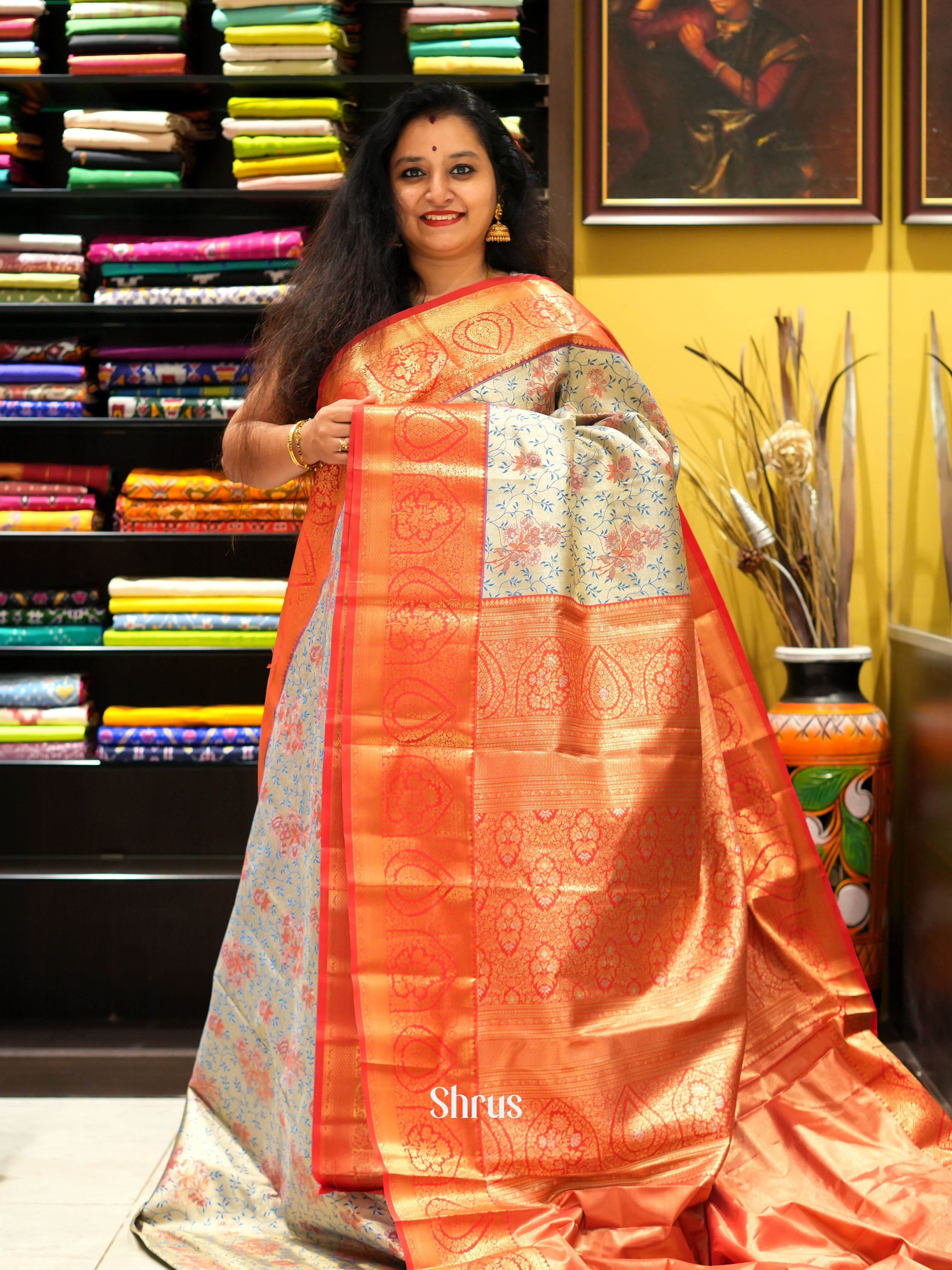 Grey & Red - Kanchipuram-halfpure Saree