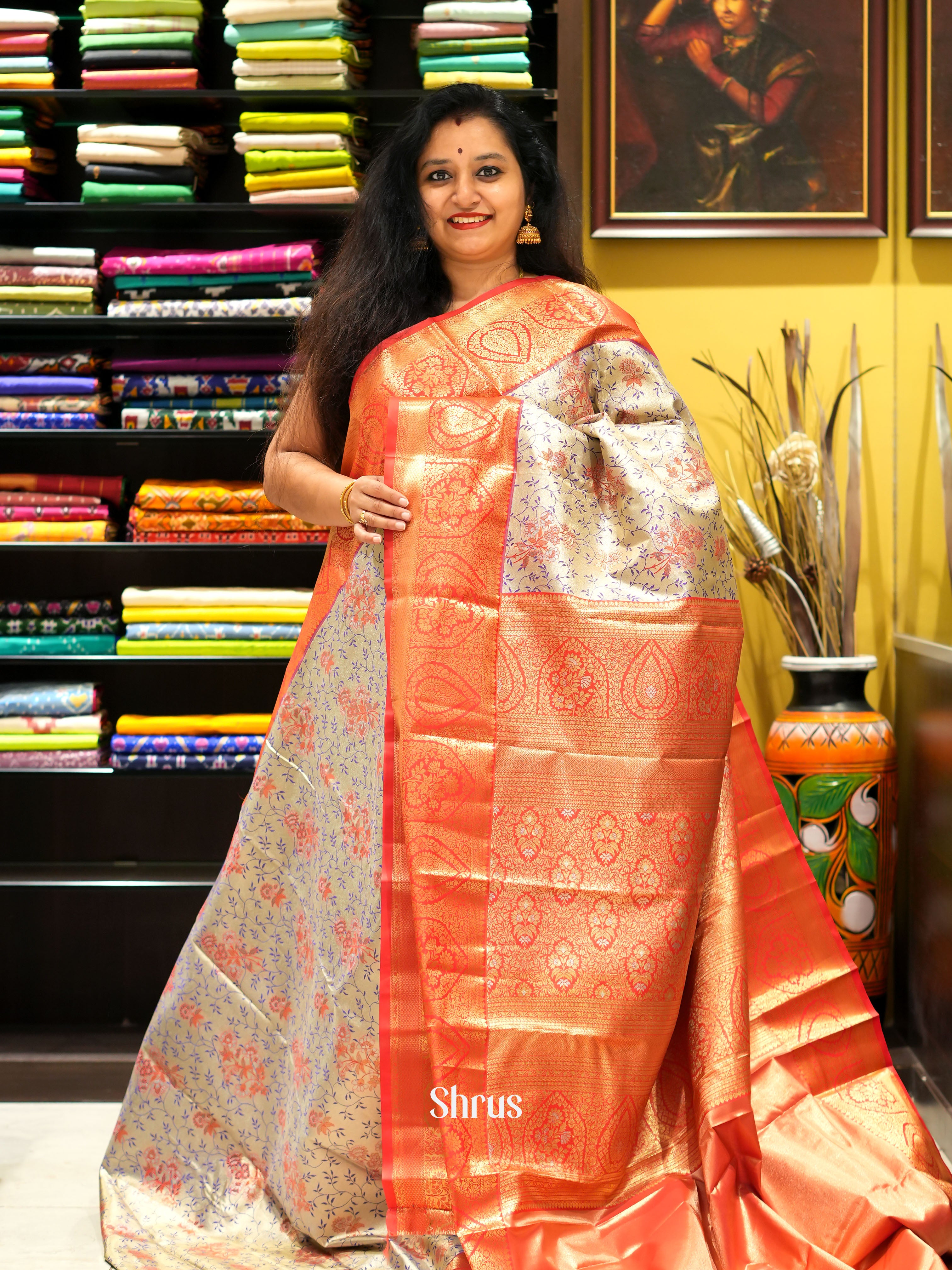 Grey & Red - Kanchipuram-halfpure Saree