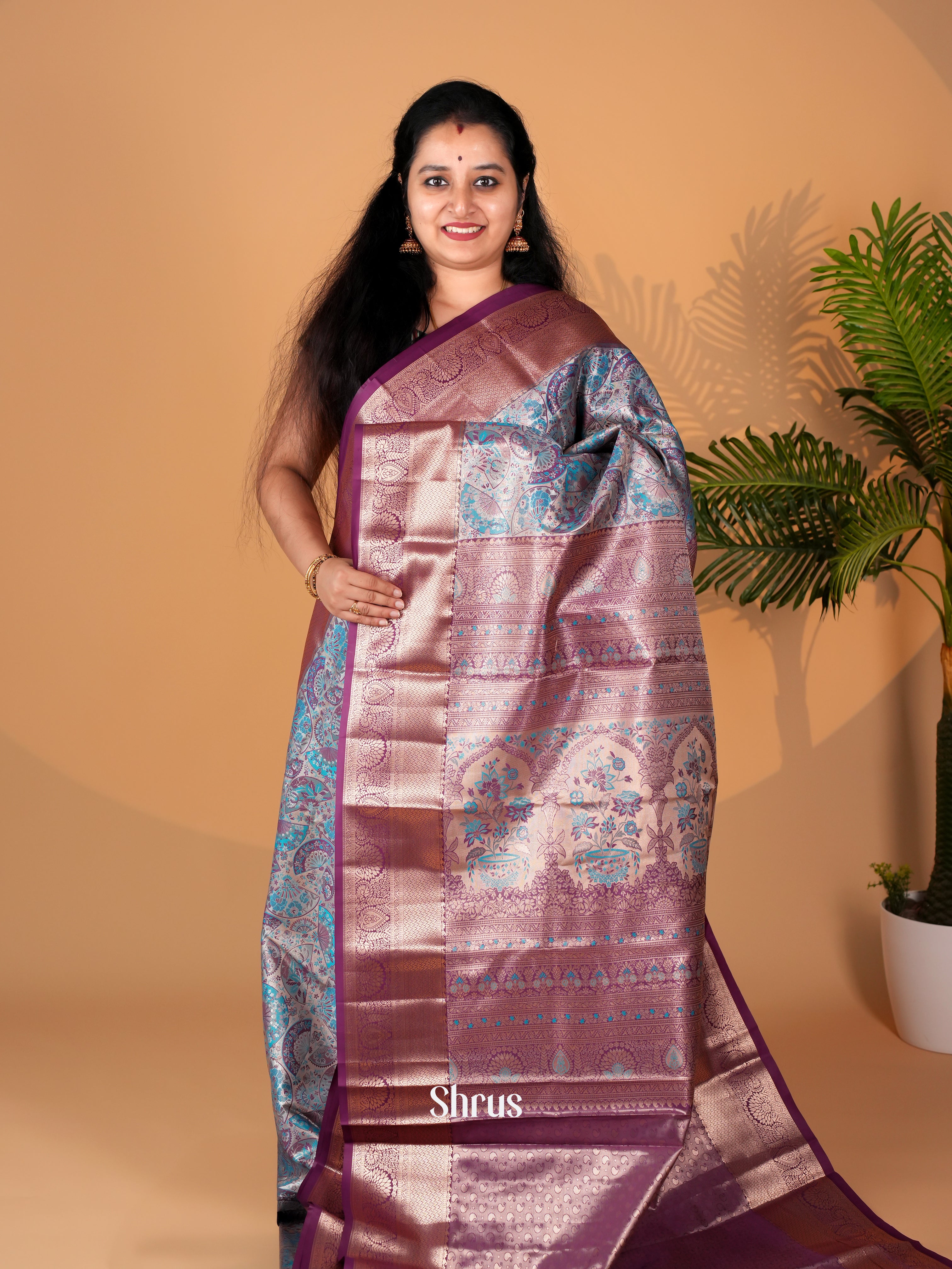 Blue & Purple - Kanchipuram-halfpure Saree