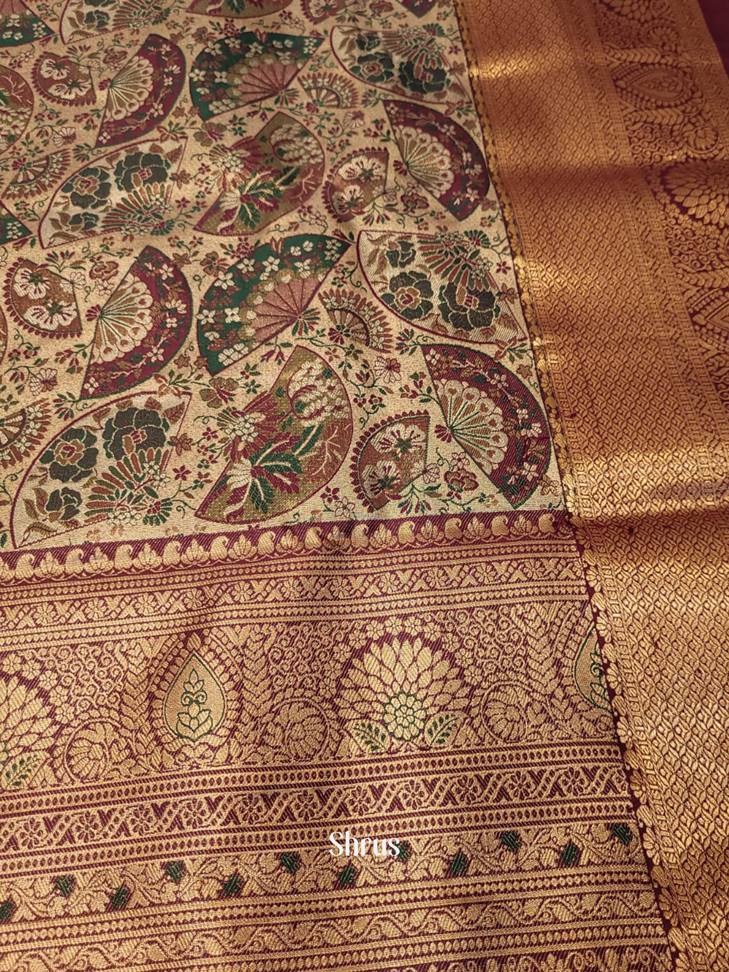 Cream & Wine - Kanchipuram-halfpure Saree