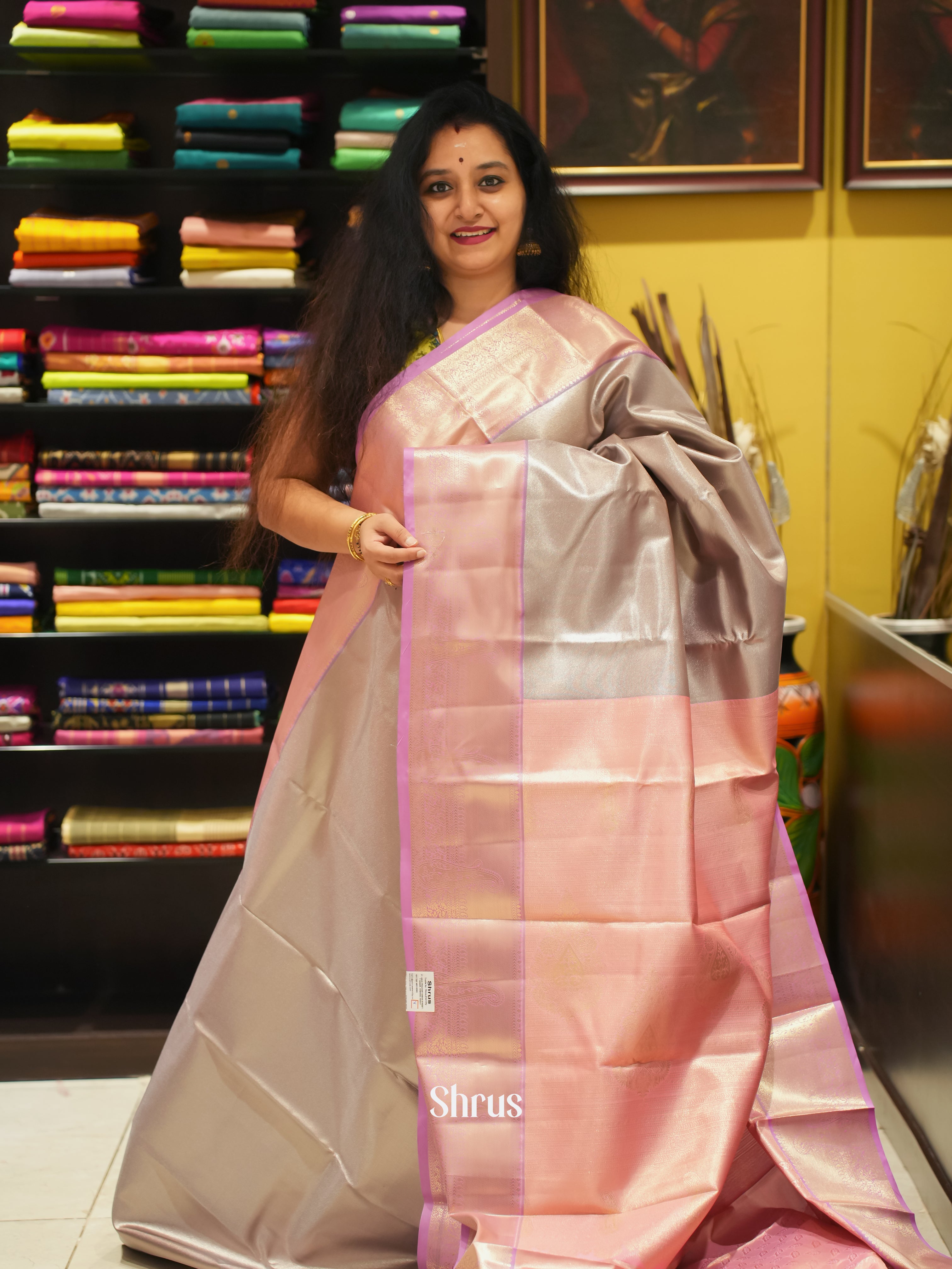 Grey & Purple - Kanchipuram-halfpure Saree