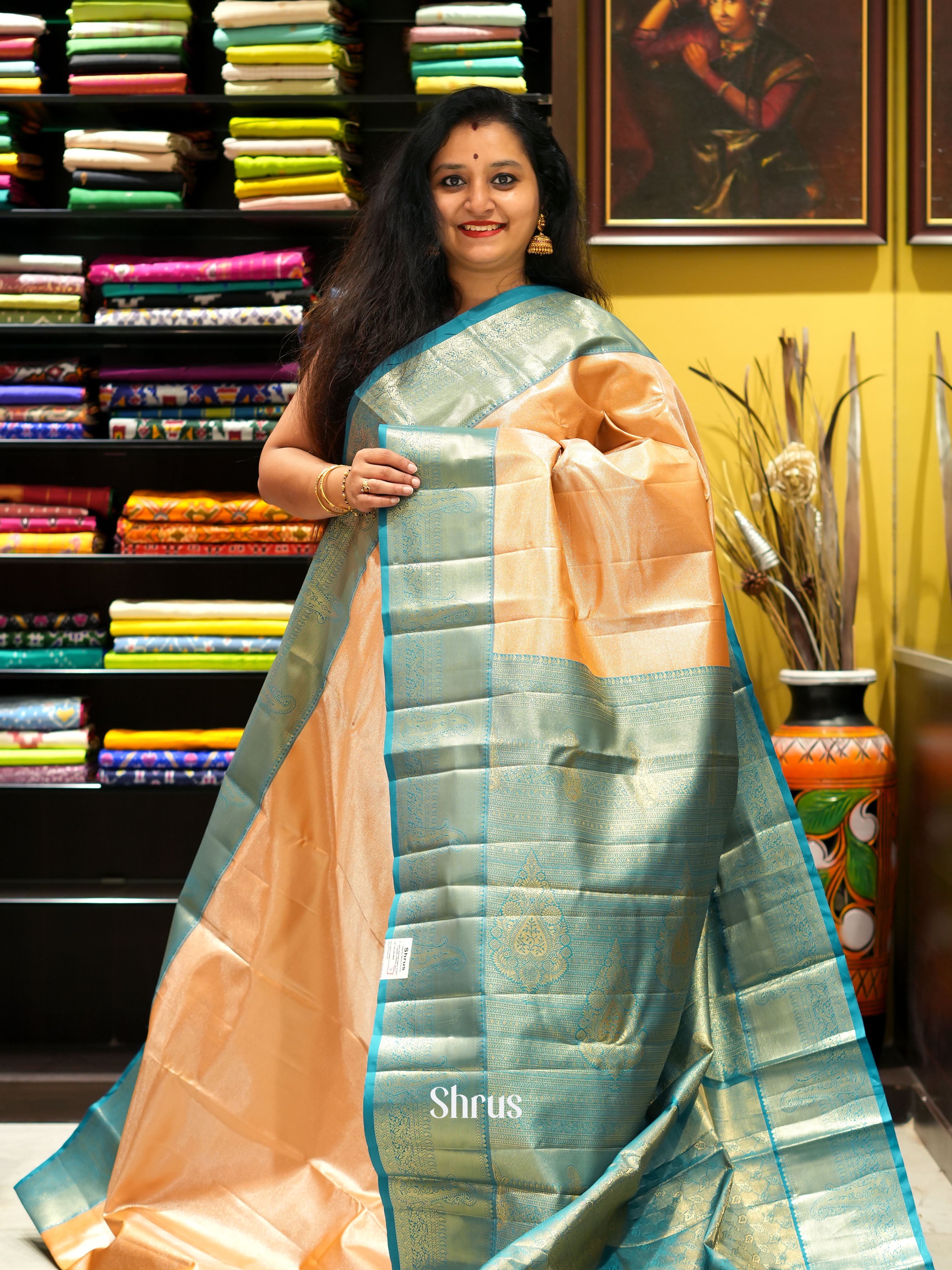 Peach & Blue - Kanchipuram-halfpure Saree