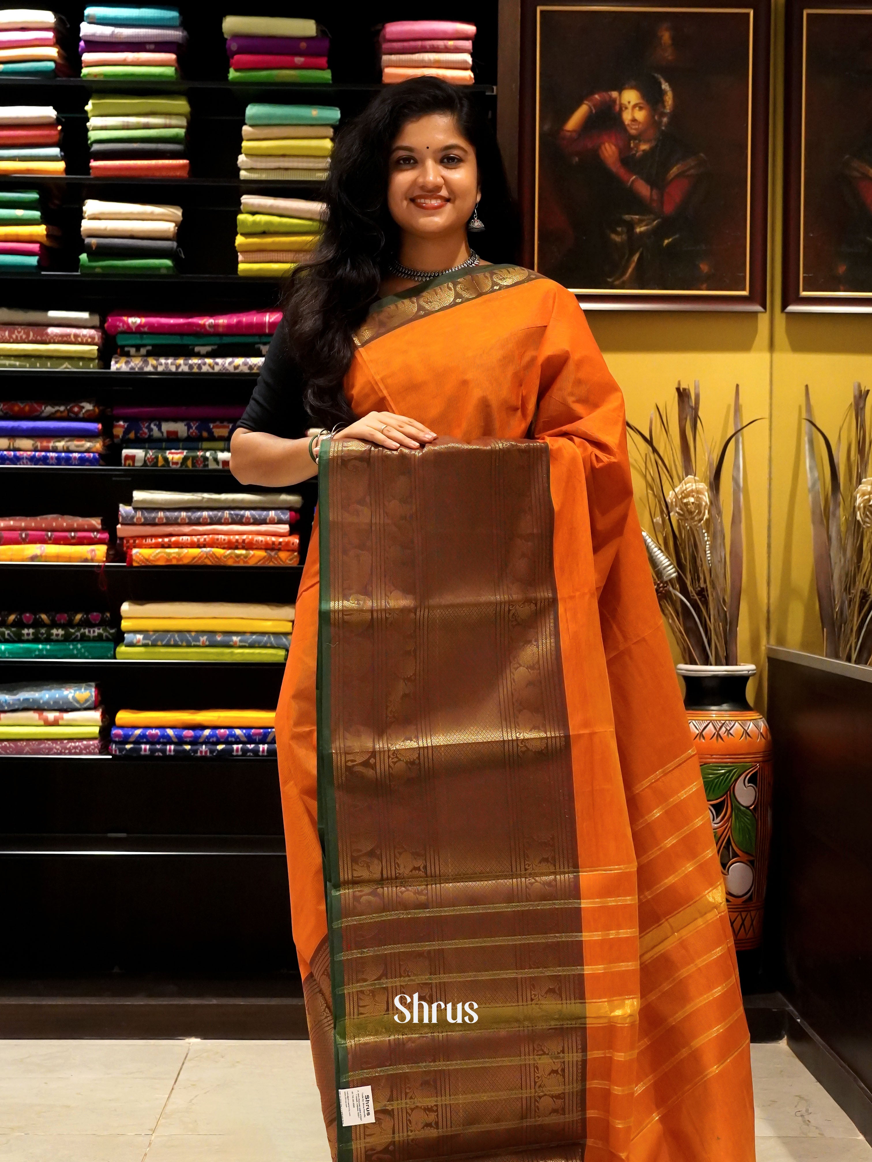 Orange & Green  - Narayanpet Cotton   Saree