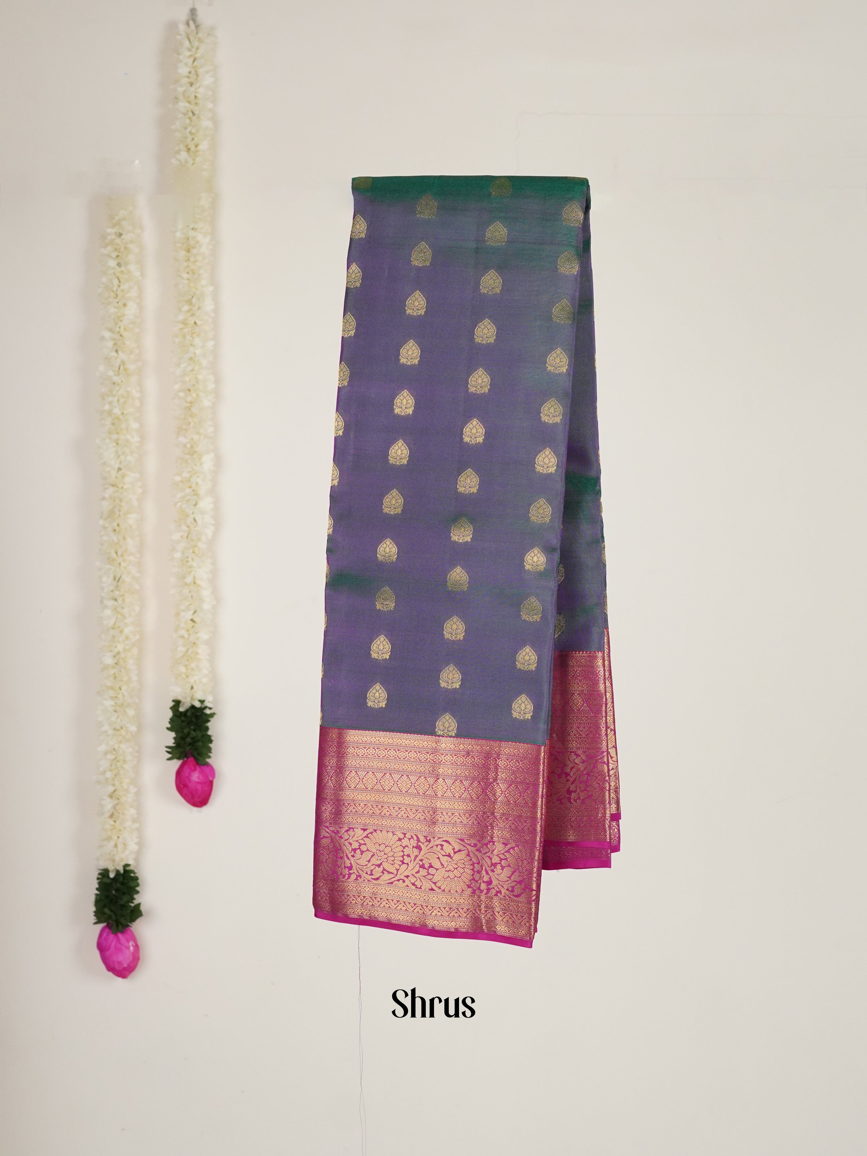 Double Shaded Blue , Green & Pink - Kanchipuram-halfpure Saree