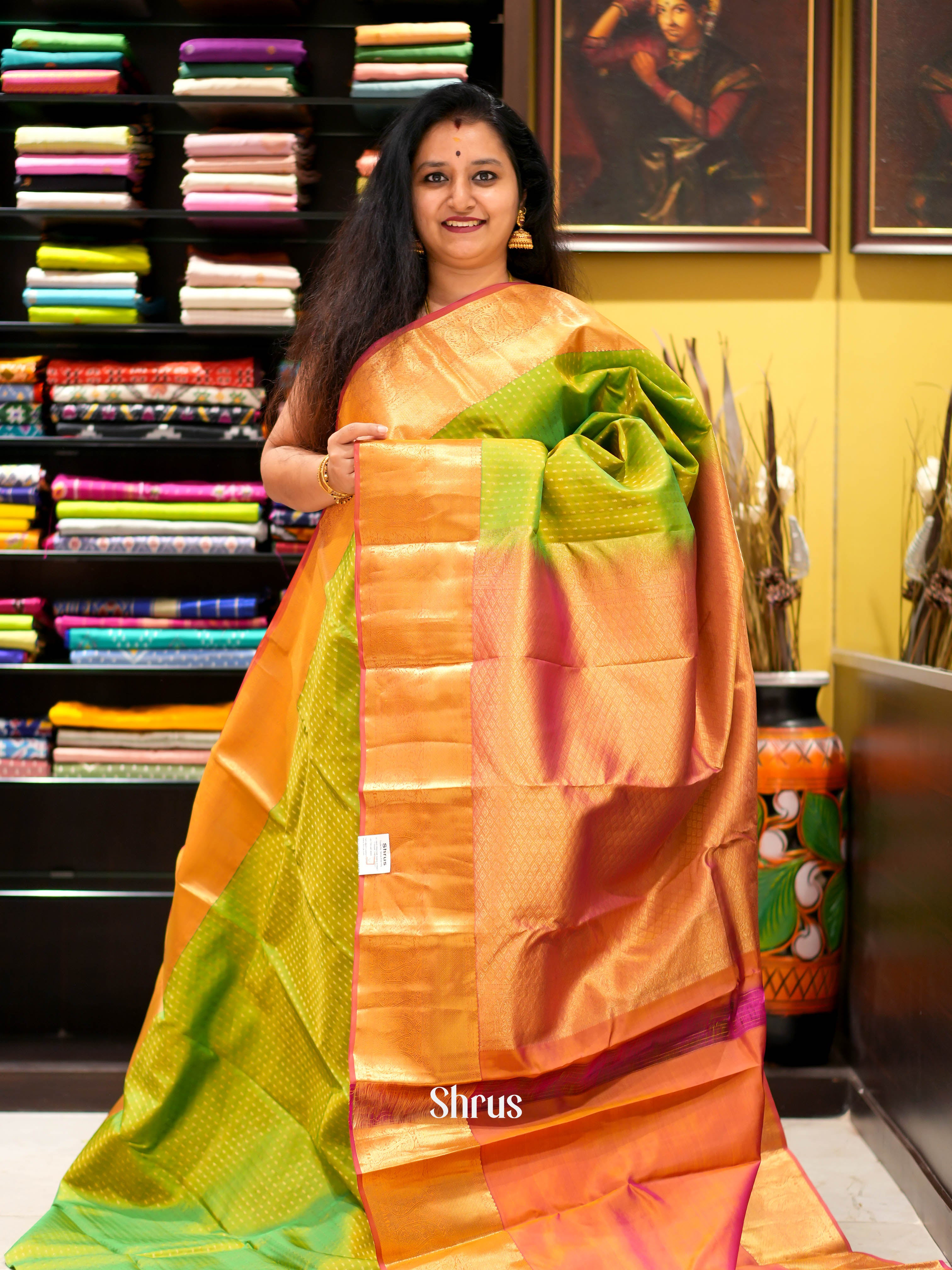 Light Green & Orange - Kanchipuram halfpure Saree