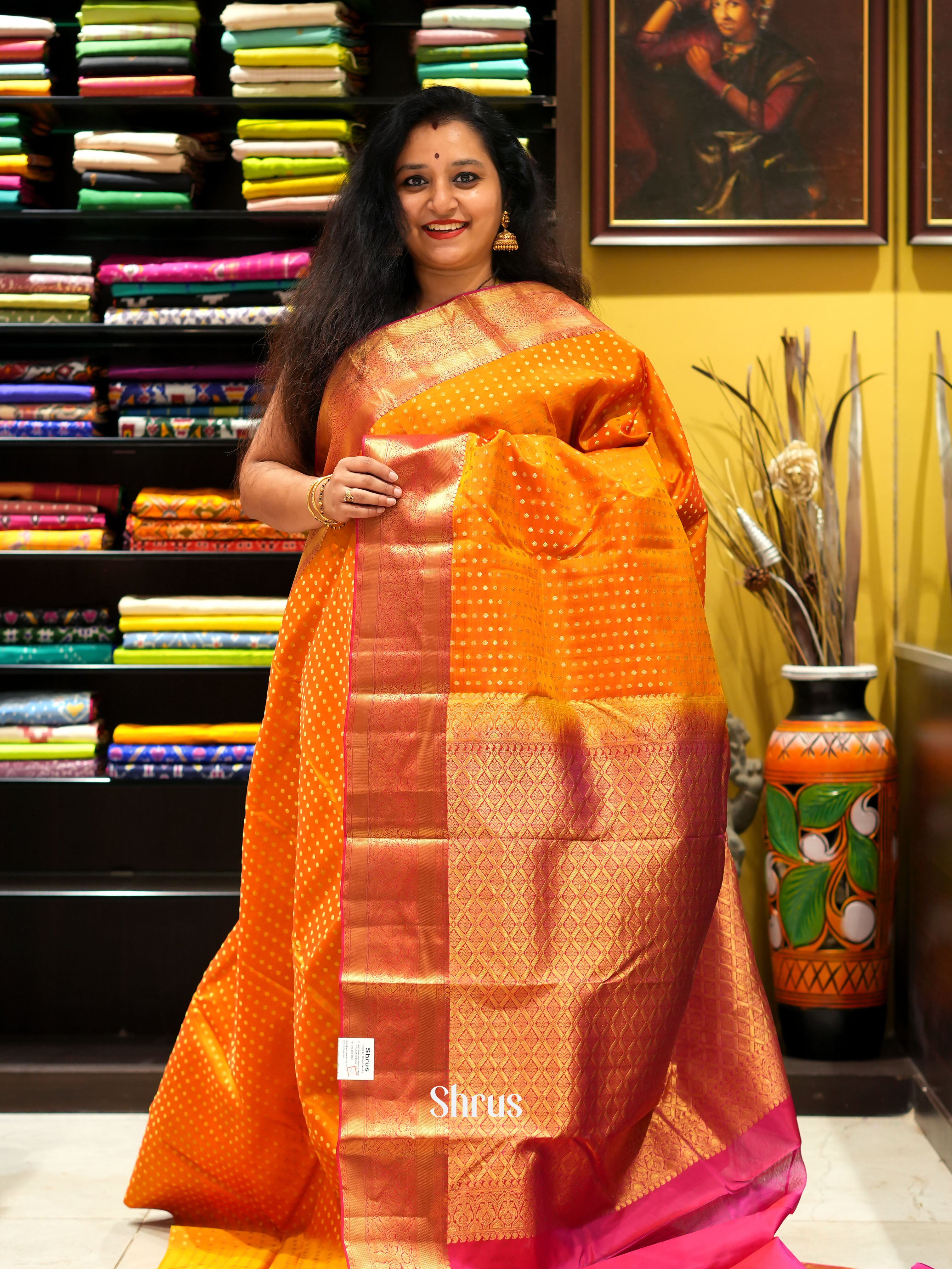 Orange & Pink - Kanchipuram-halfpure Saree