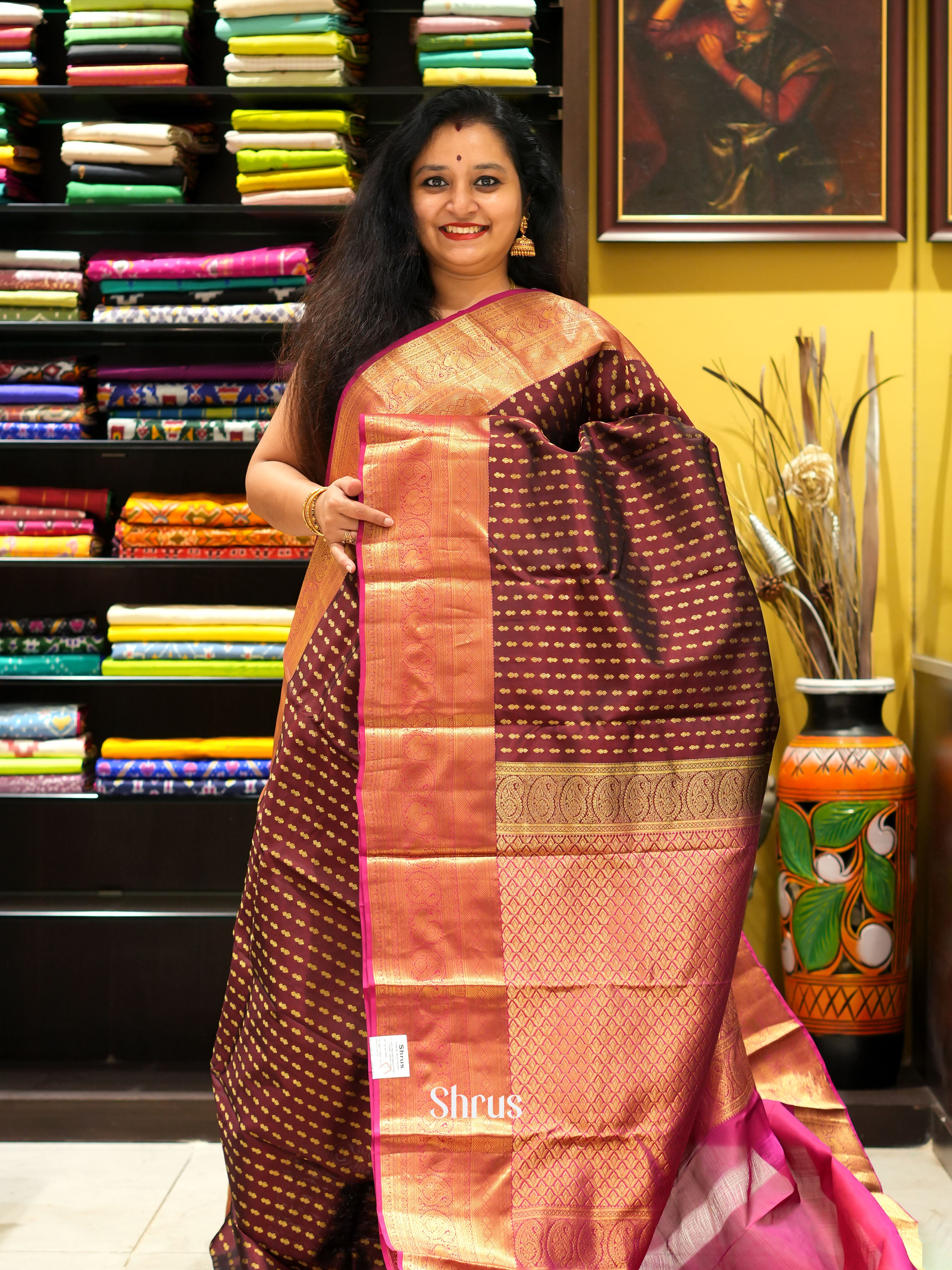 Brown & Pink - Kanchipuram-halfpure Saree