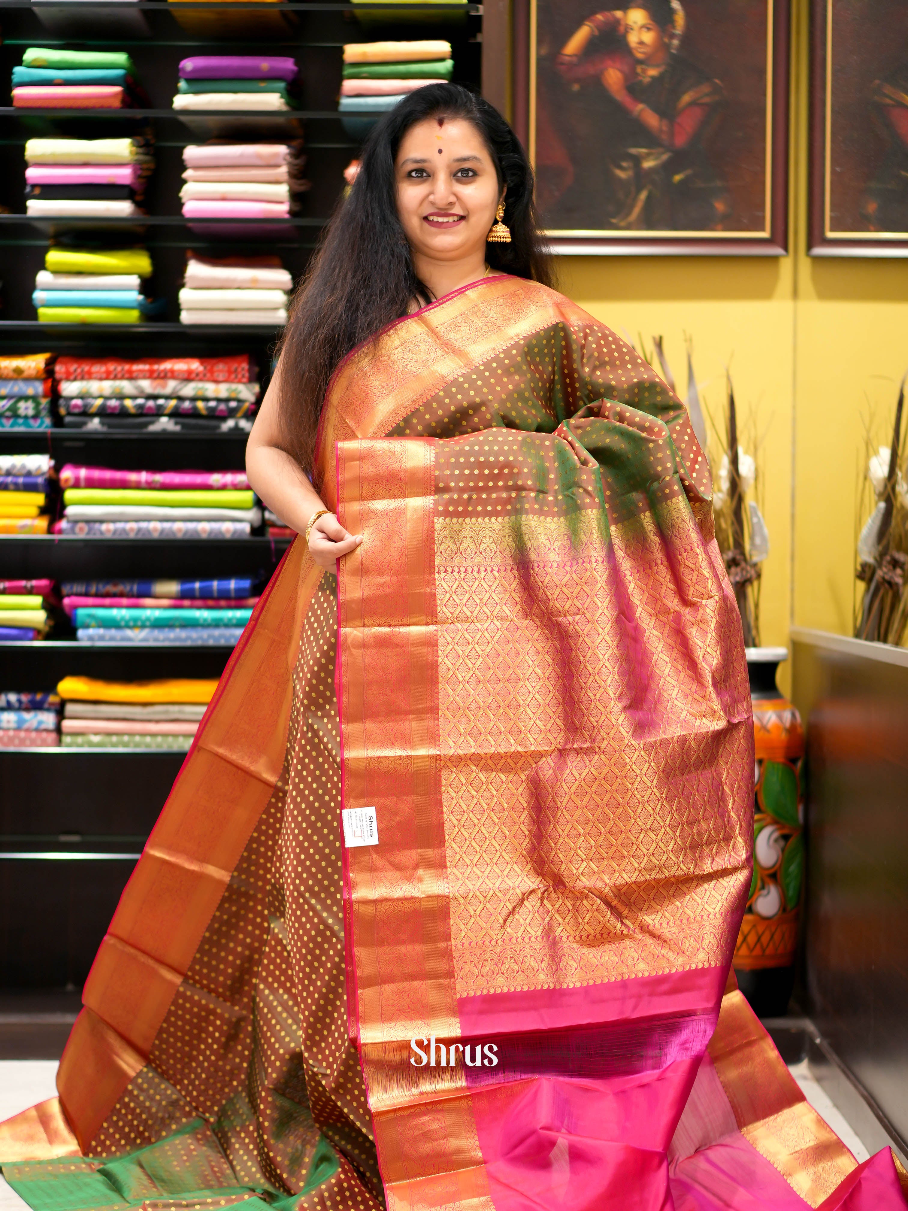 Double Shaded Green & Purple - Kanchipuram halfpure Saree