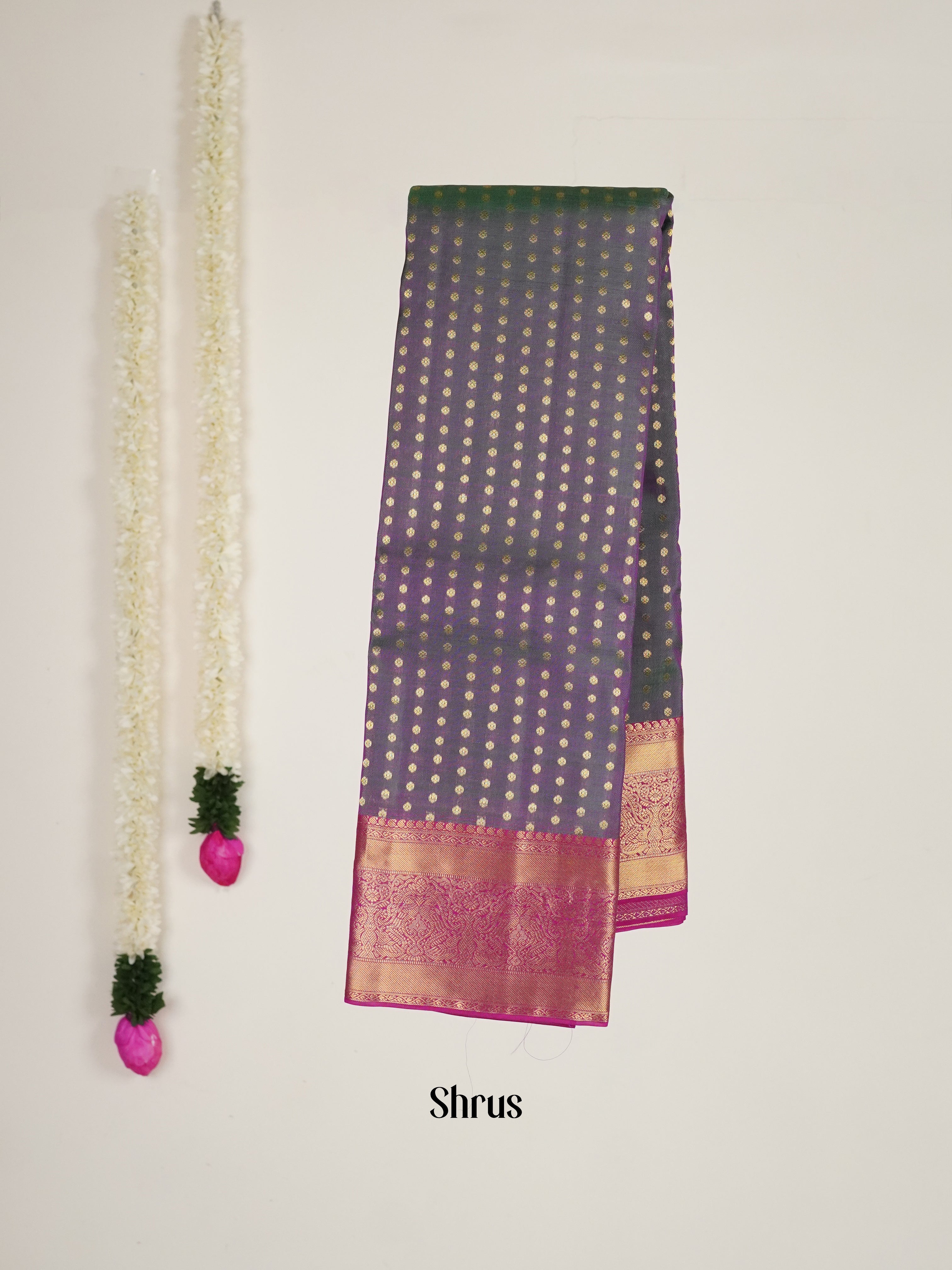 Double Shaded Grey, Green & Purple - Kanchipuram-halfpure Saree