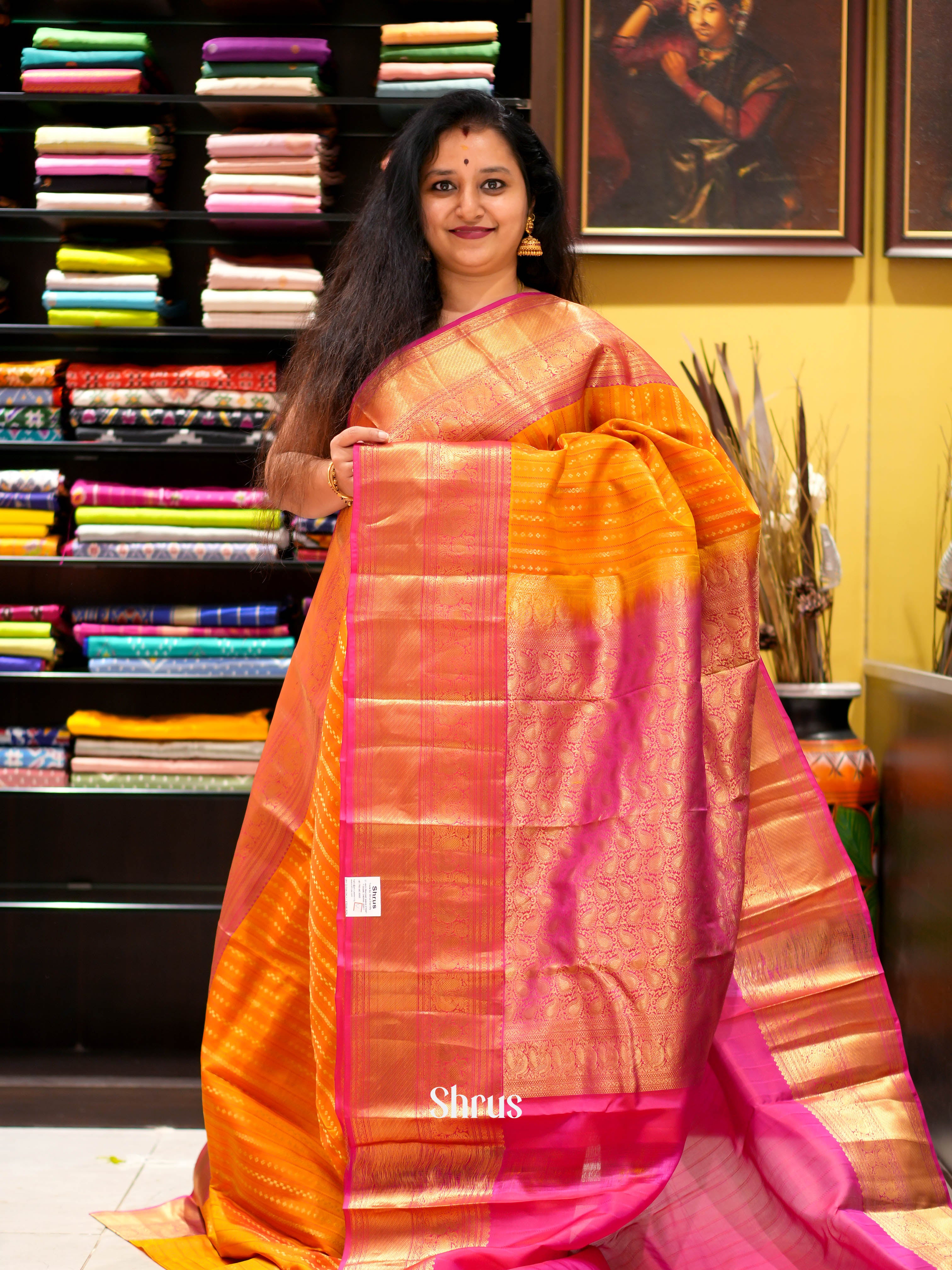 Orange & Pink- Kanchipuram halfpure Saree