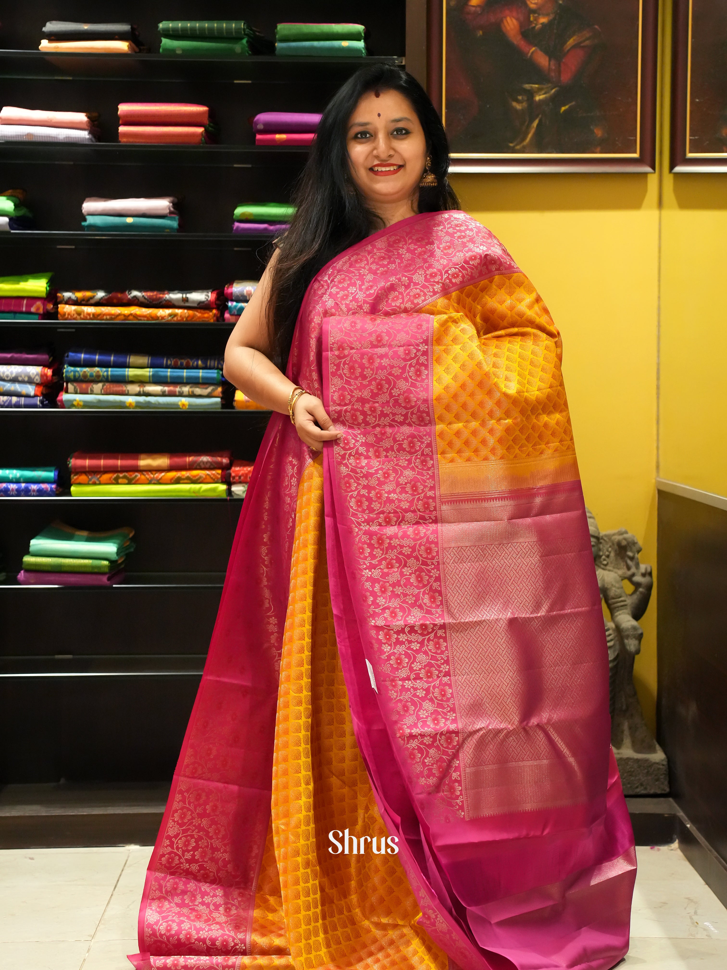 Mustard & Pink  - Kanchipuram silk Saree