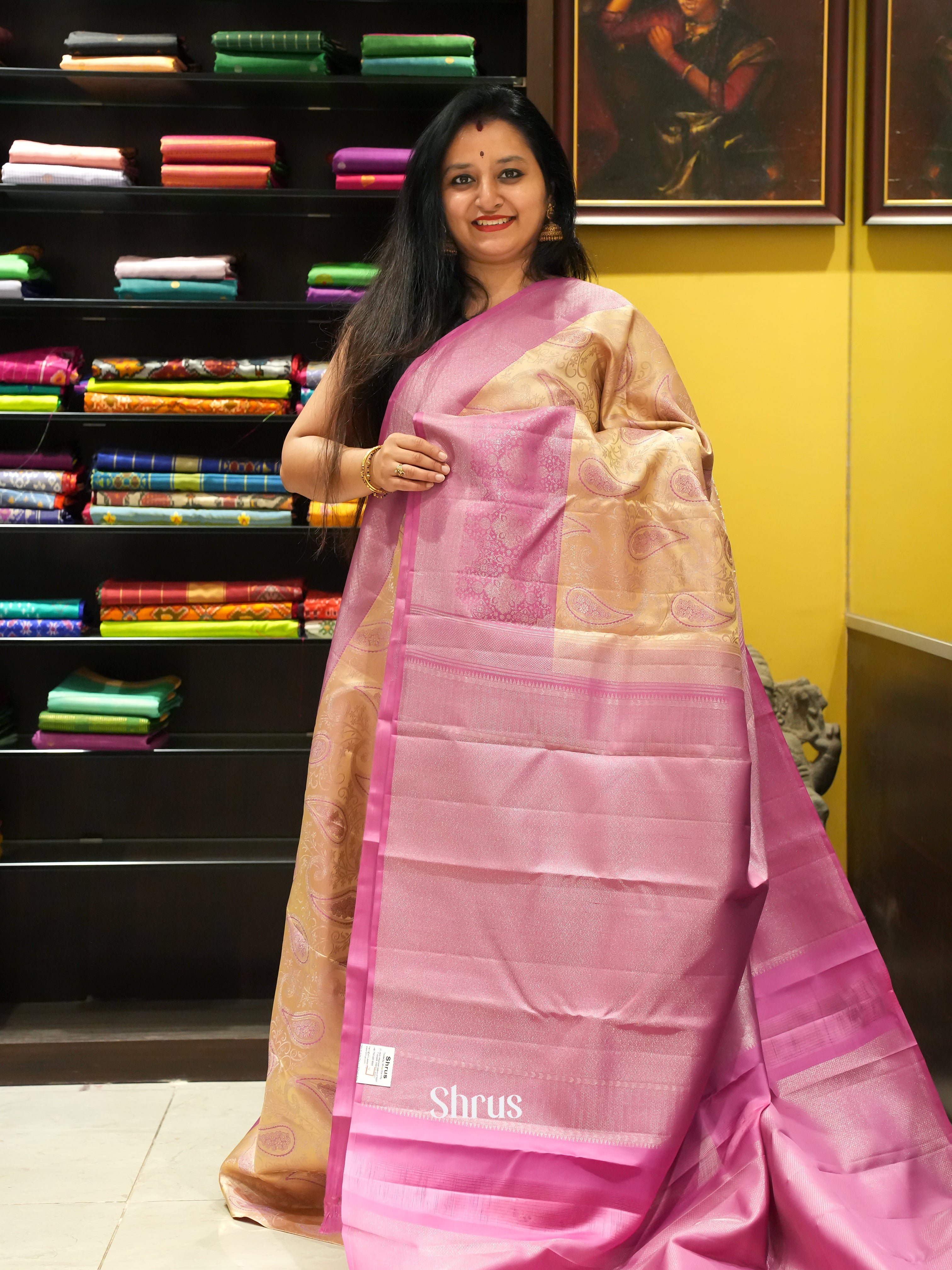 Beige & Pink  - Kanchipuram silk Saree