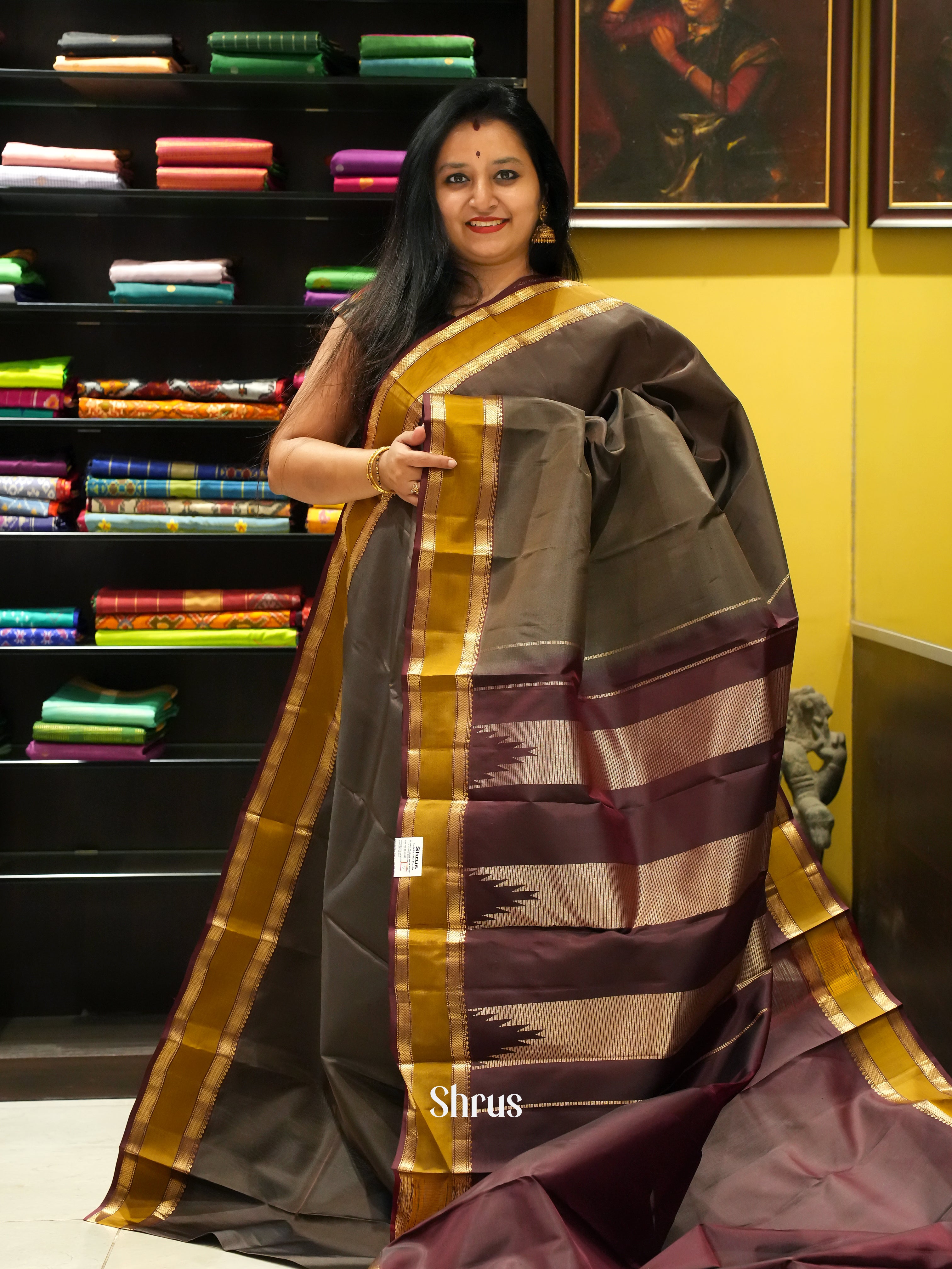 Grey & Brown - Kanchipuram silk Saree