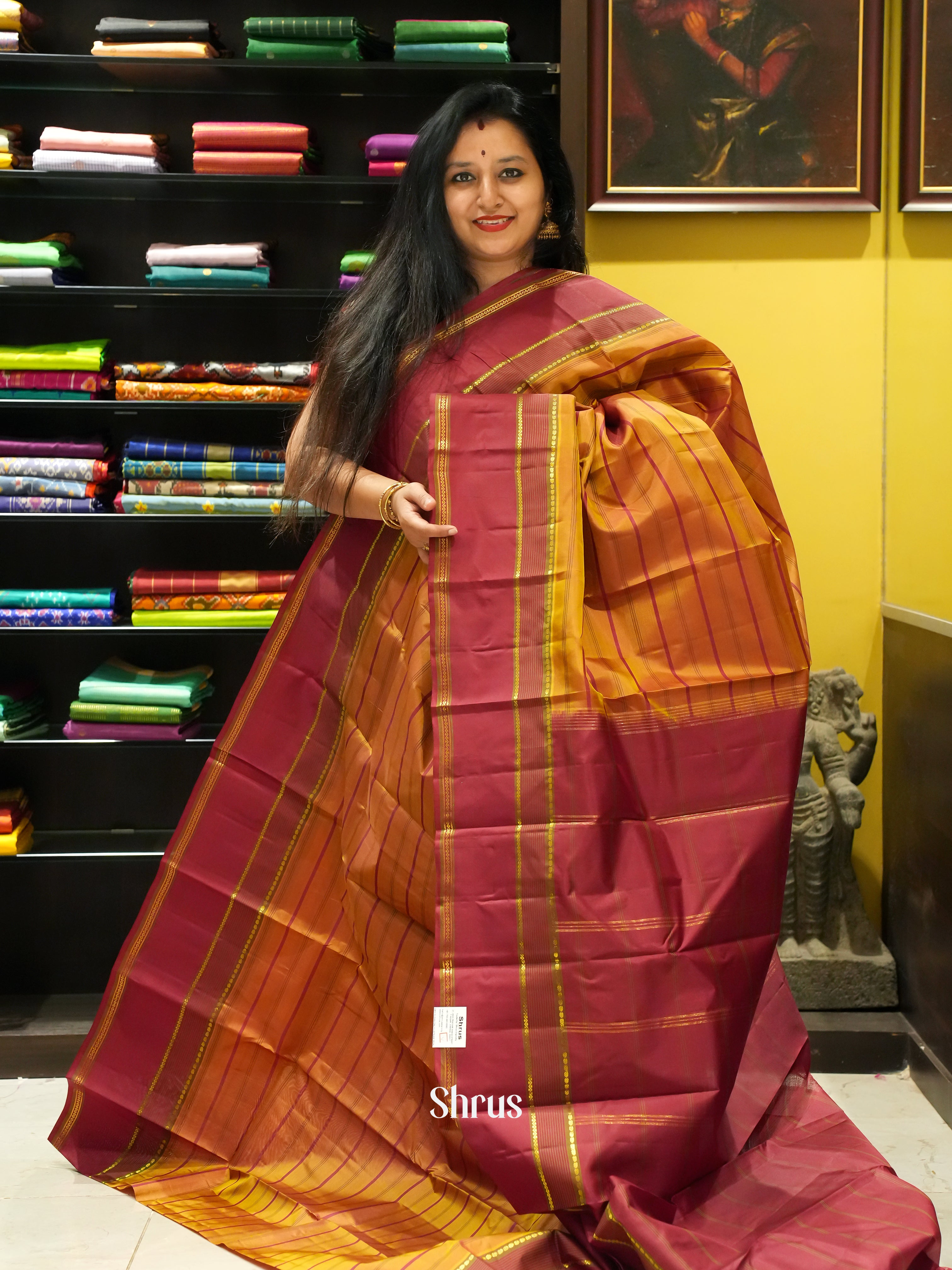 Mustard & Maroon  - Kanchipuram silk Saree