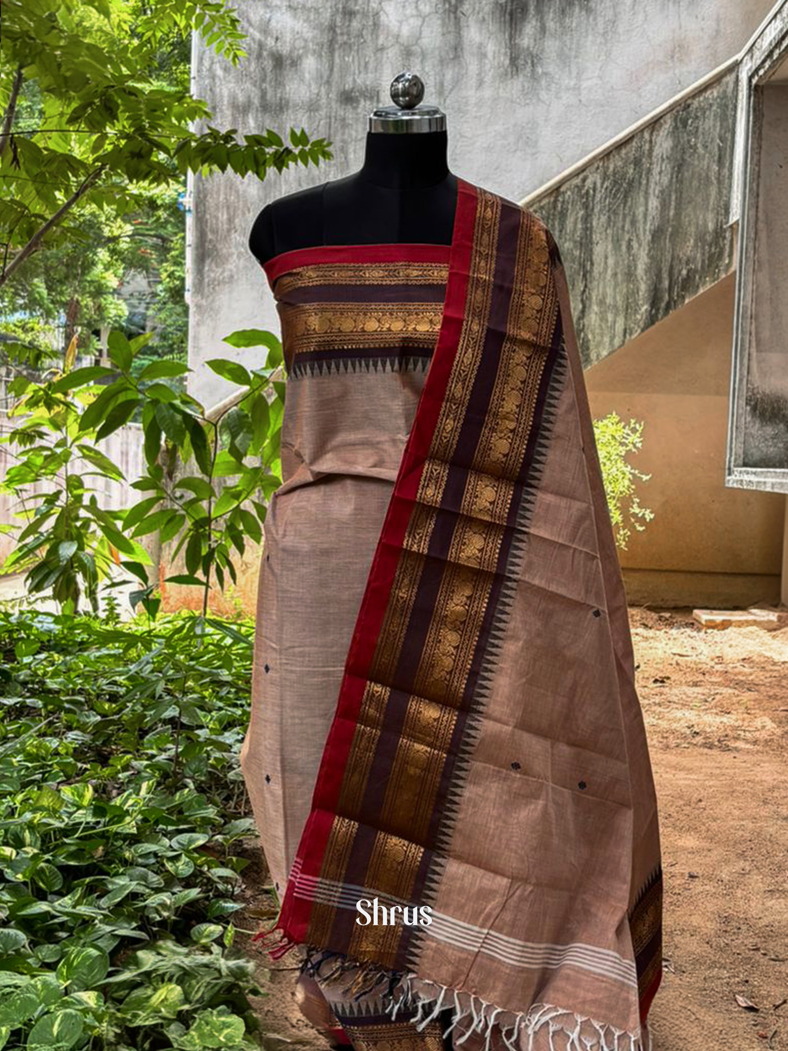 Dusty Brown & Red - chettinad top & dupatta