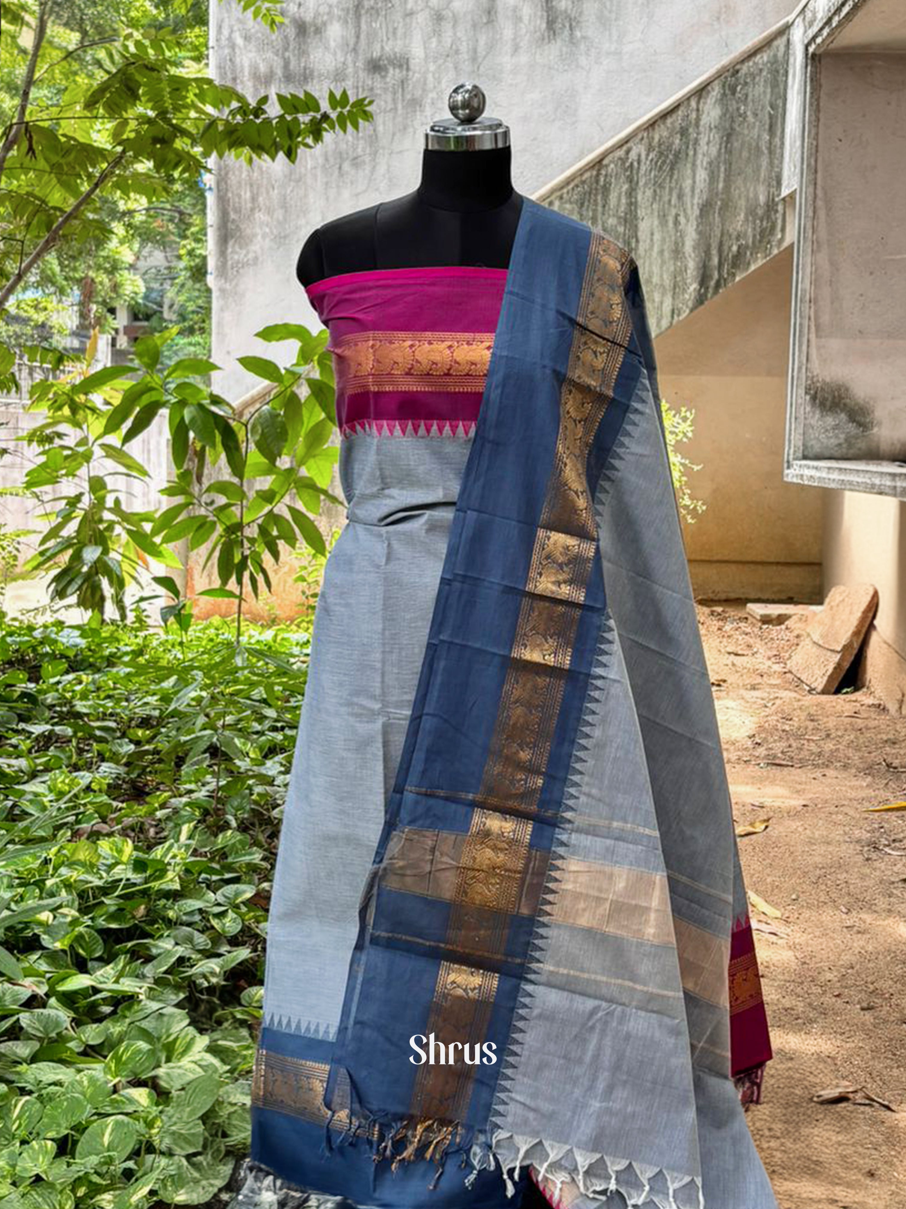 Bluish Grey & Pink - chettinad top & dupatta