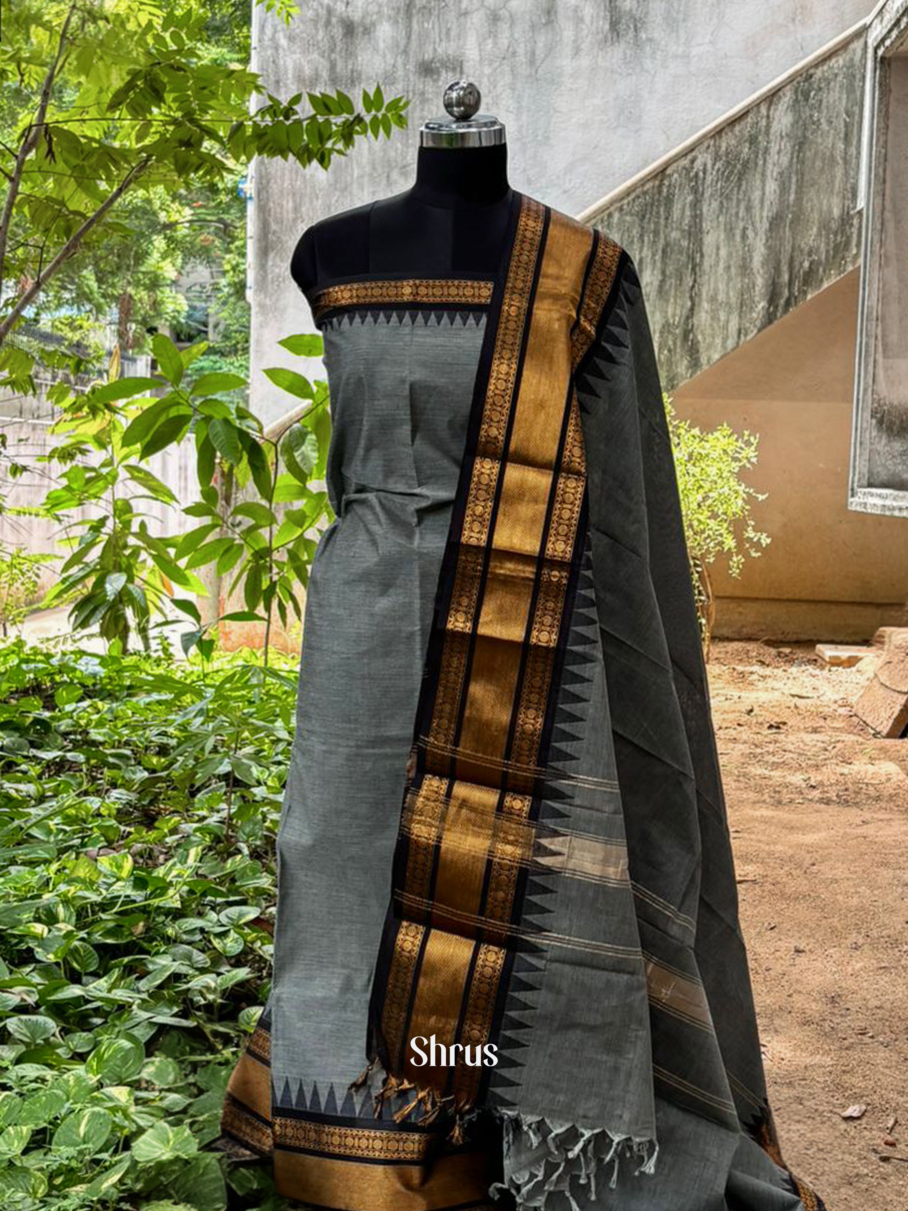 Grey & Black - chettinad top & dupatta