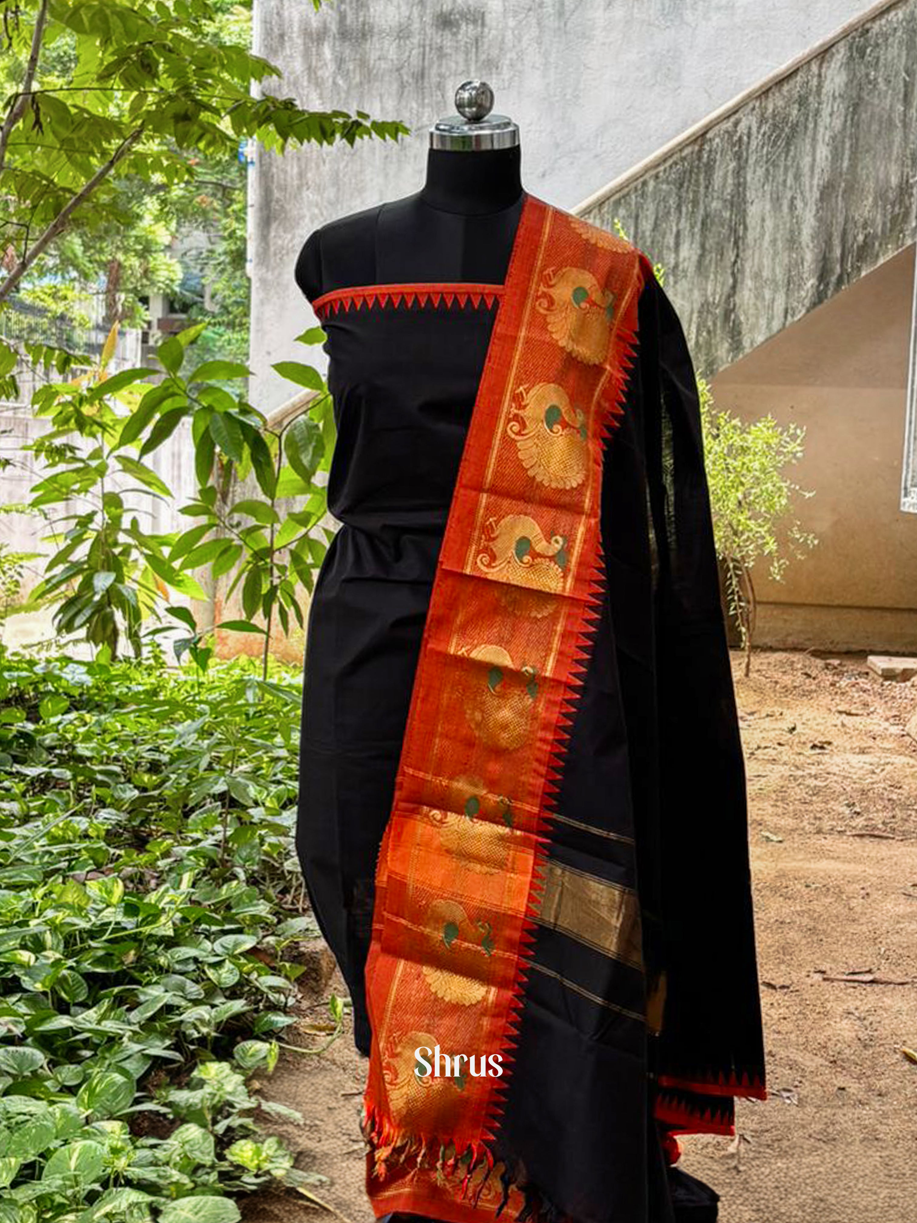 Black & Orange - chettinad top & dupatta