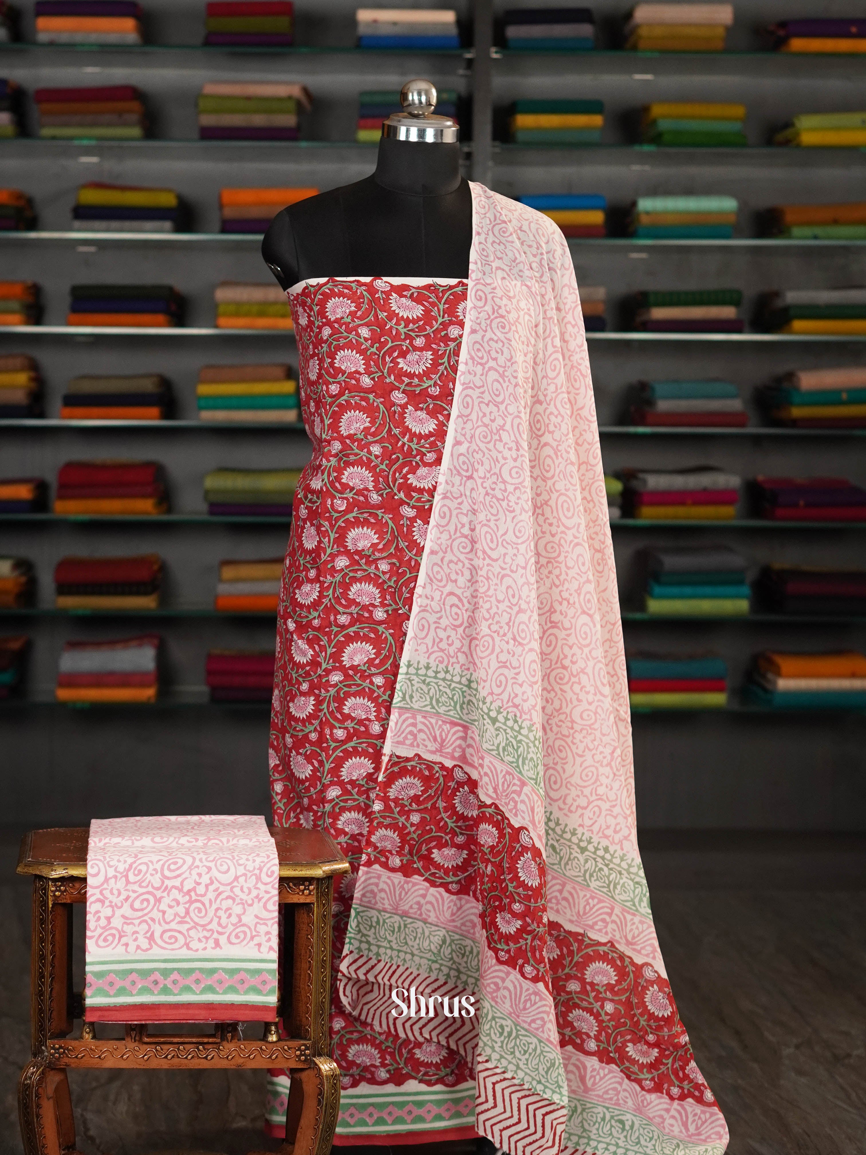 Red & Pinkish White  - Cotton salwar