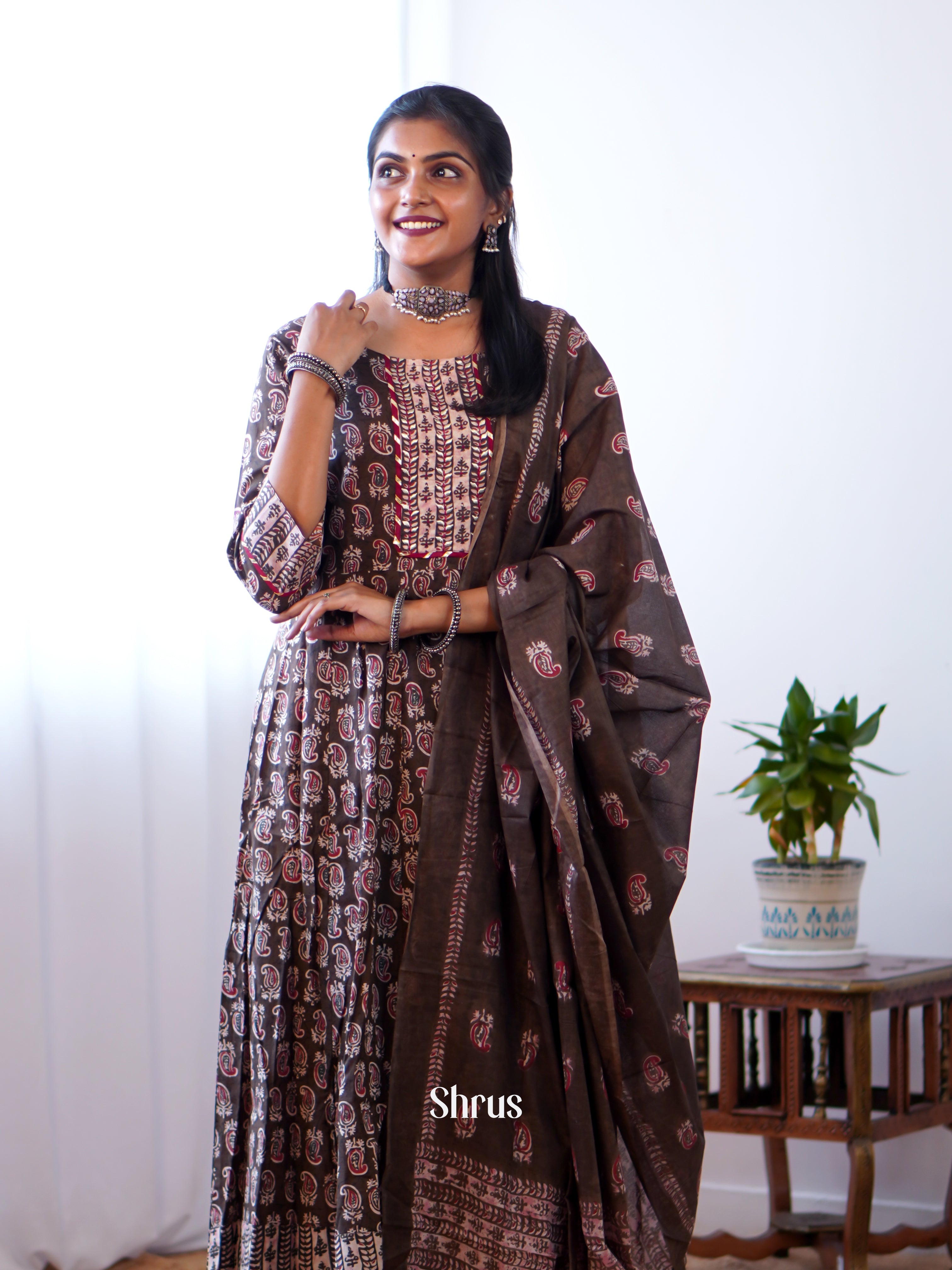 Brown - 3pc printed Gown type Readymade Suits