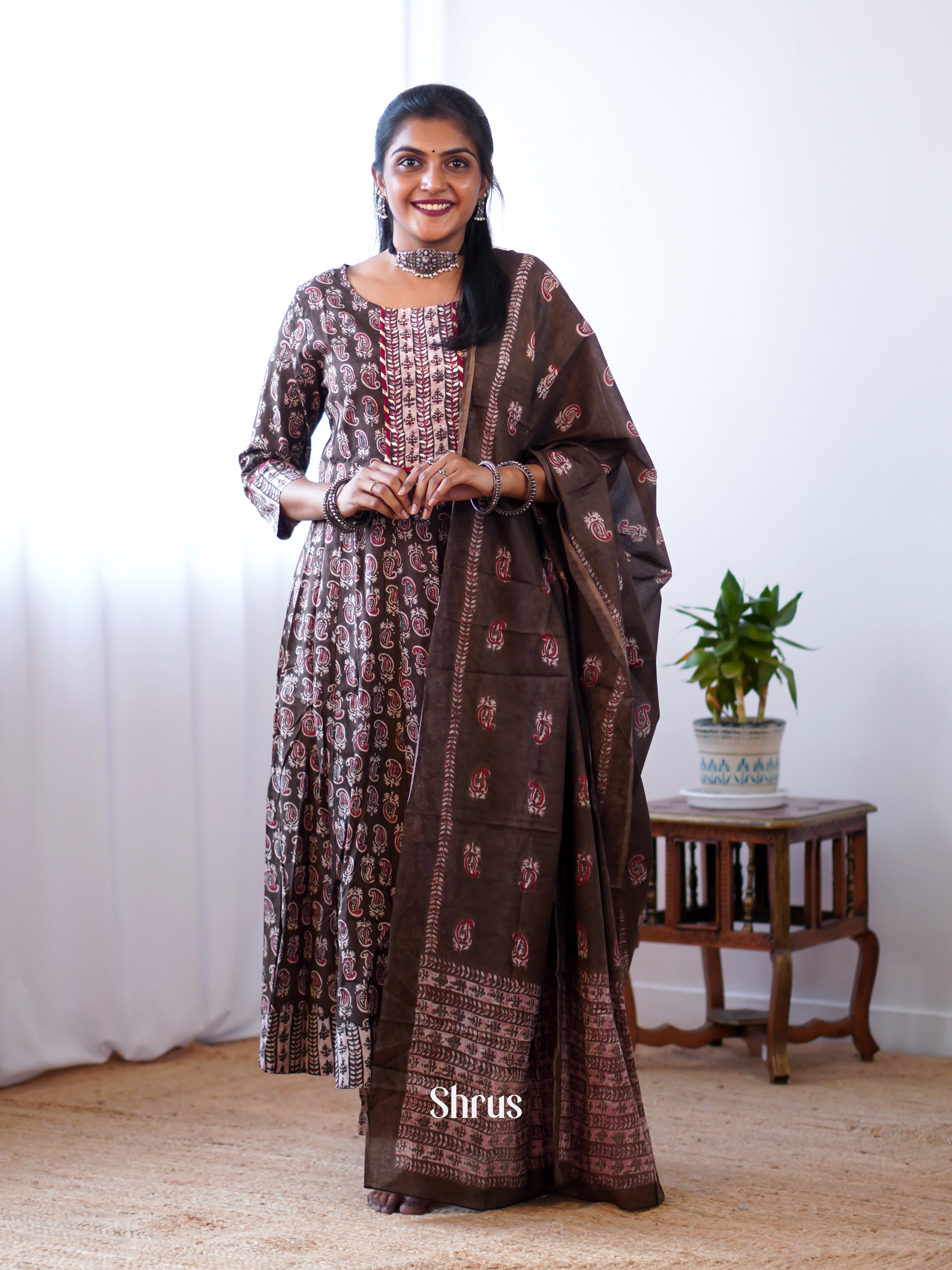 Brown - 3pc printed Gown type Readymade Suits