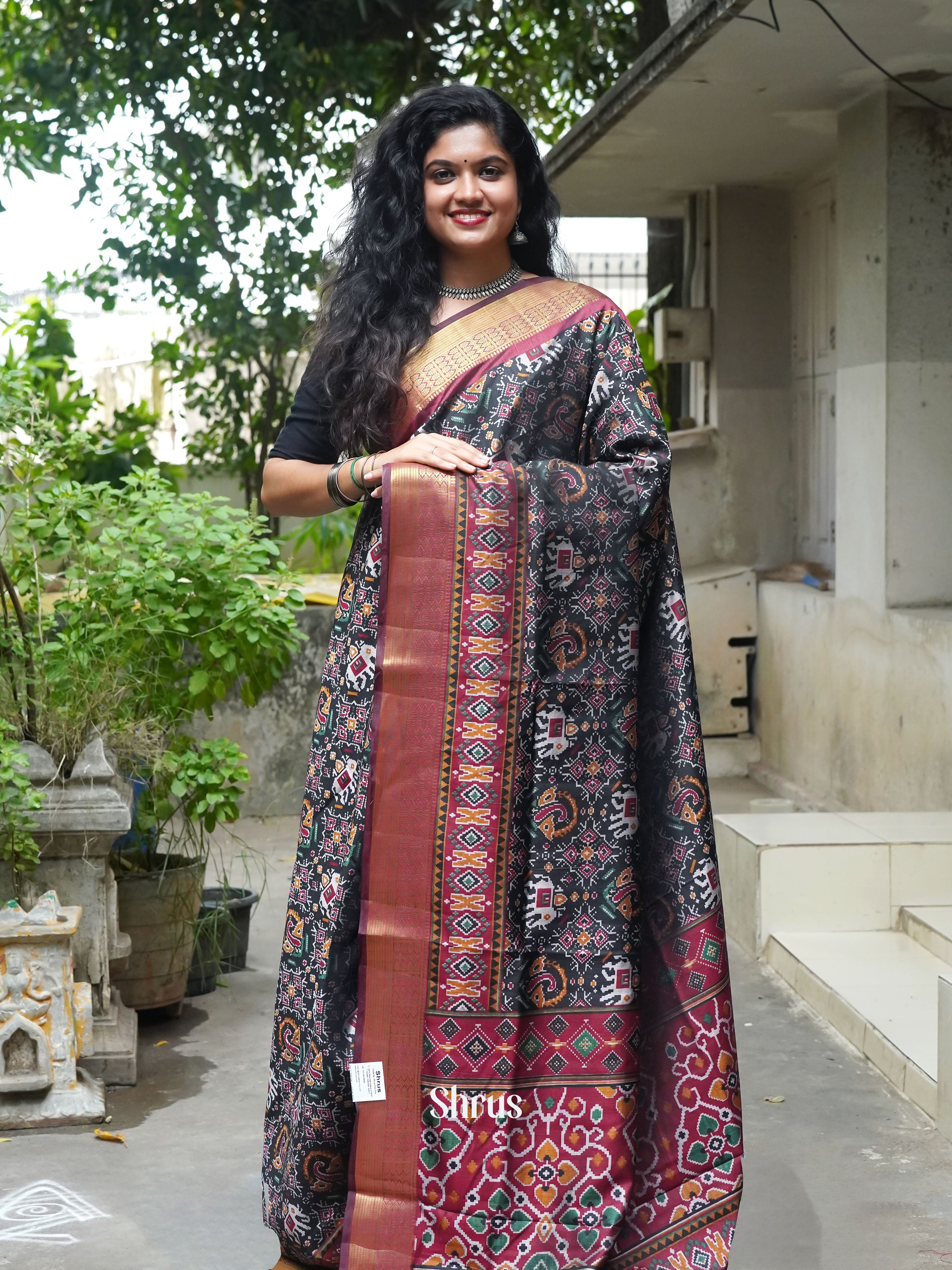 Black & Maroon  - Semi Patola Saree