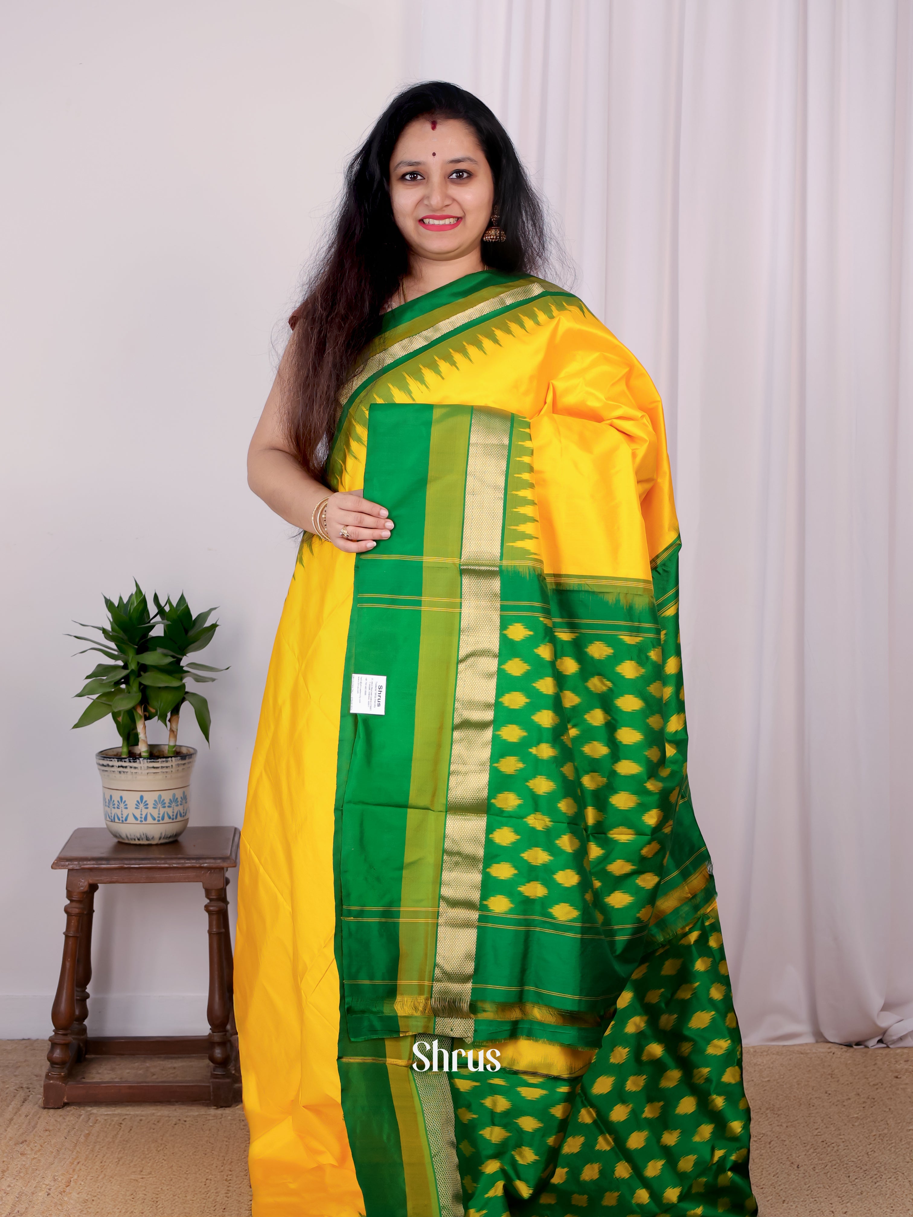 Yellow & Green - Ikkat Silk Saree - Shop on ShrusEternity.com