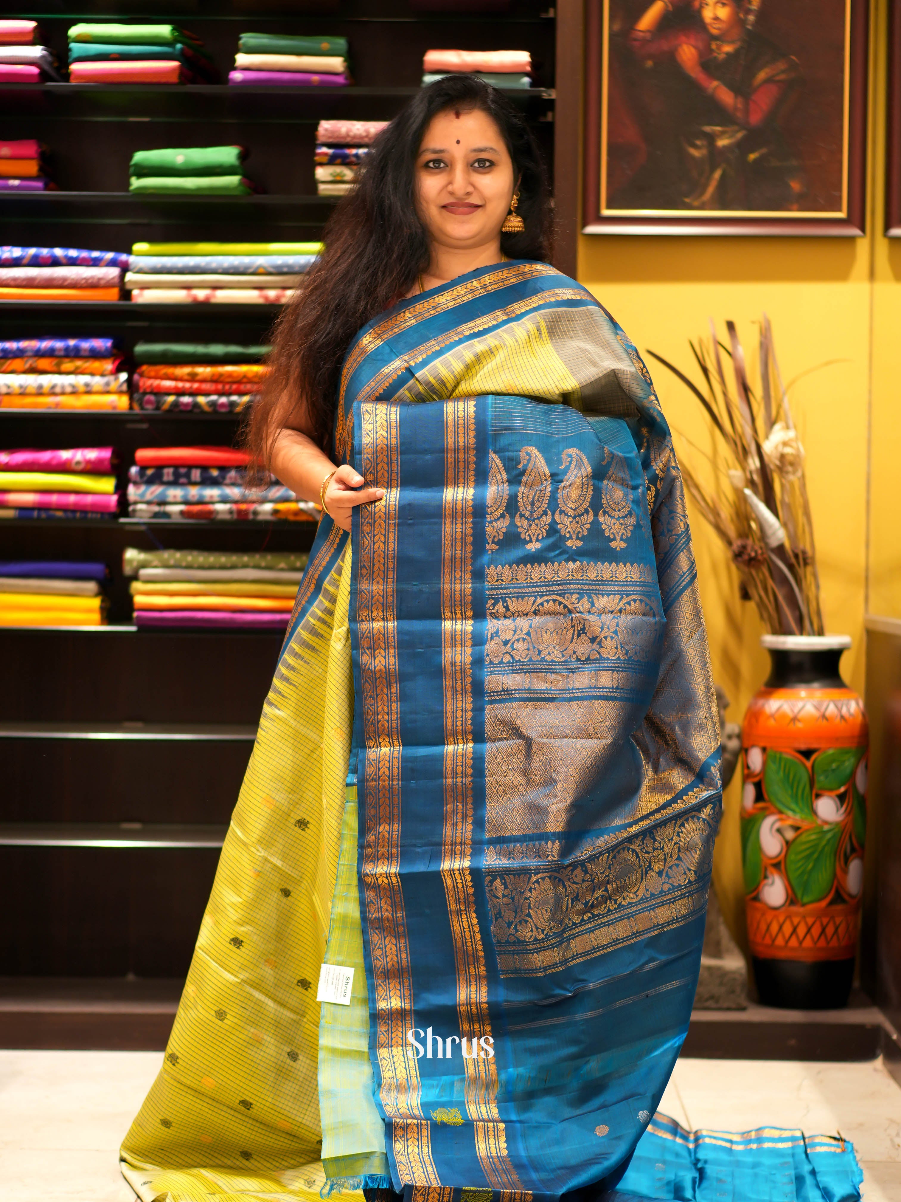 Yellow & Blue - Gadwal Silk Saree