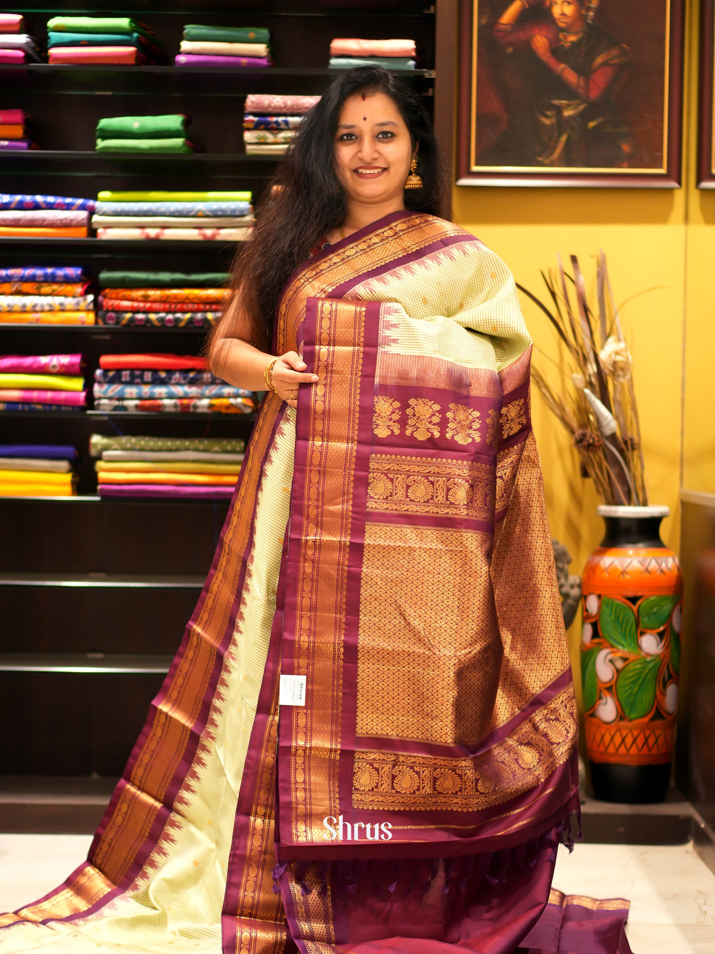 Cream & Brown - Gadwal Silk Saree