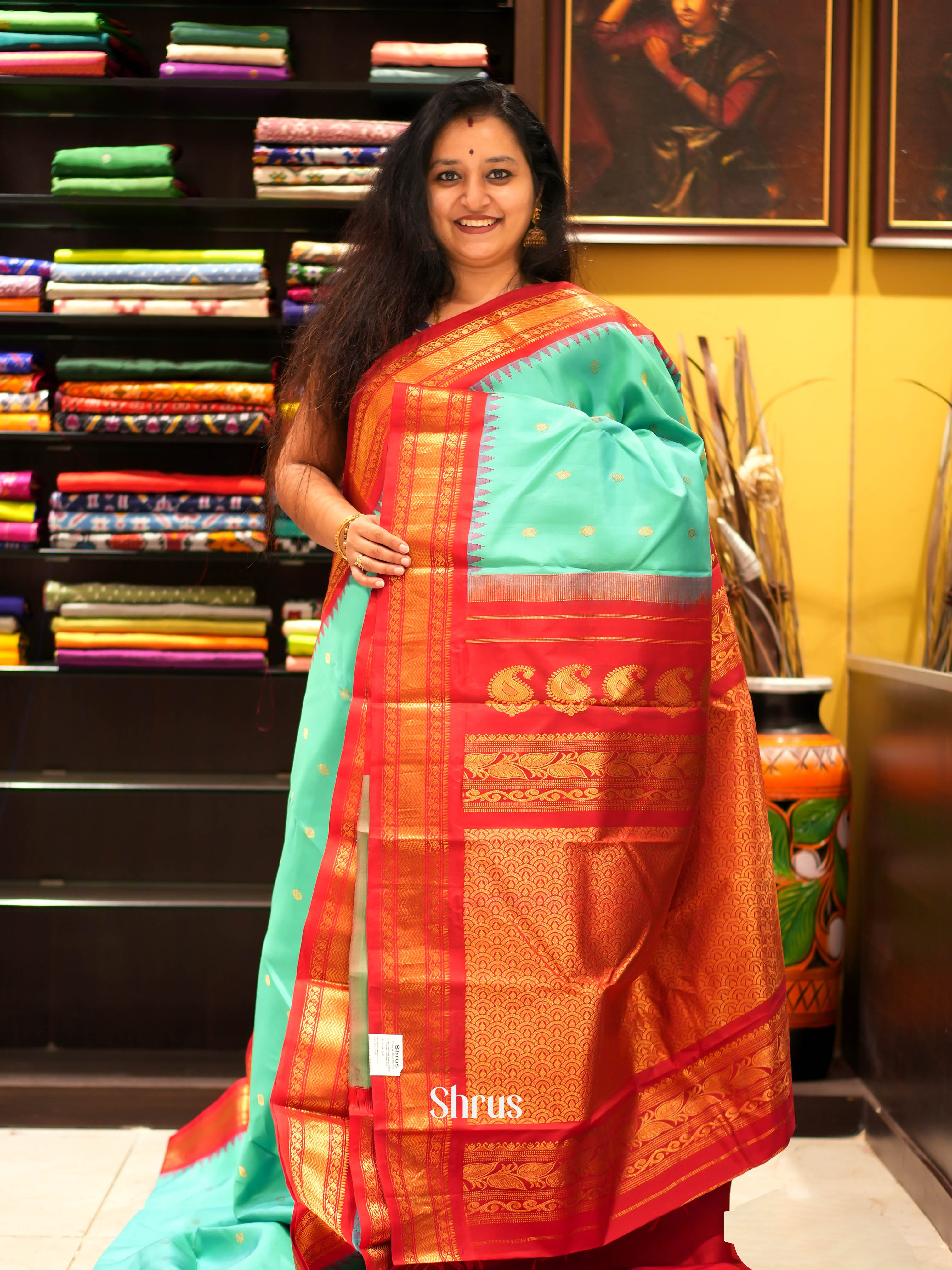 Teal & Red - Gadwal Silk Saree