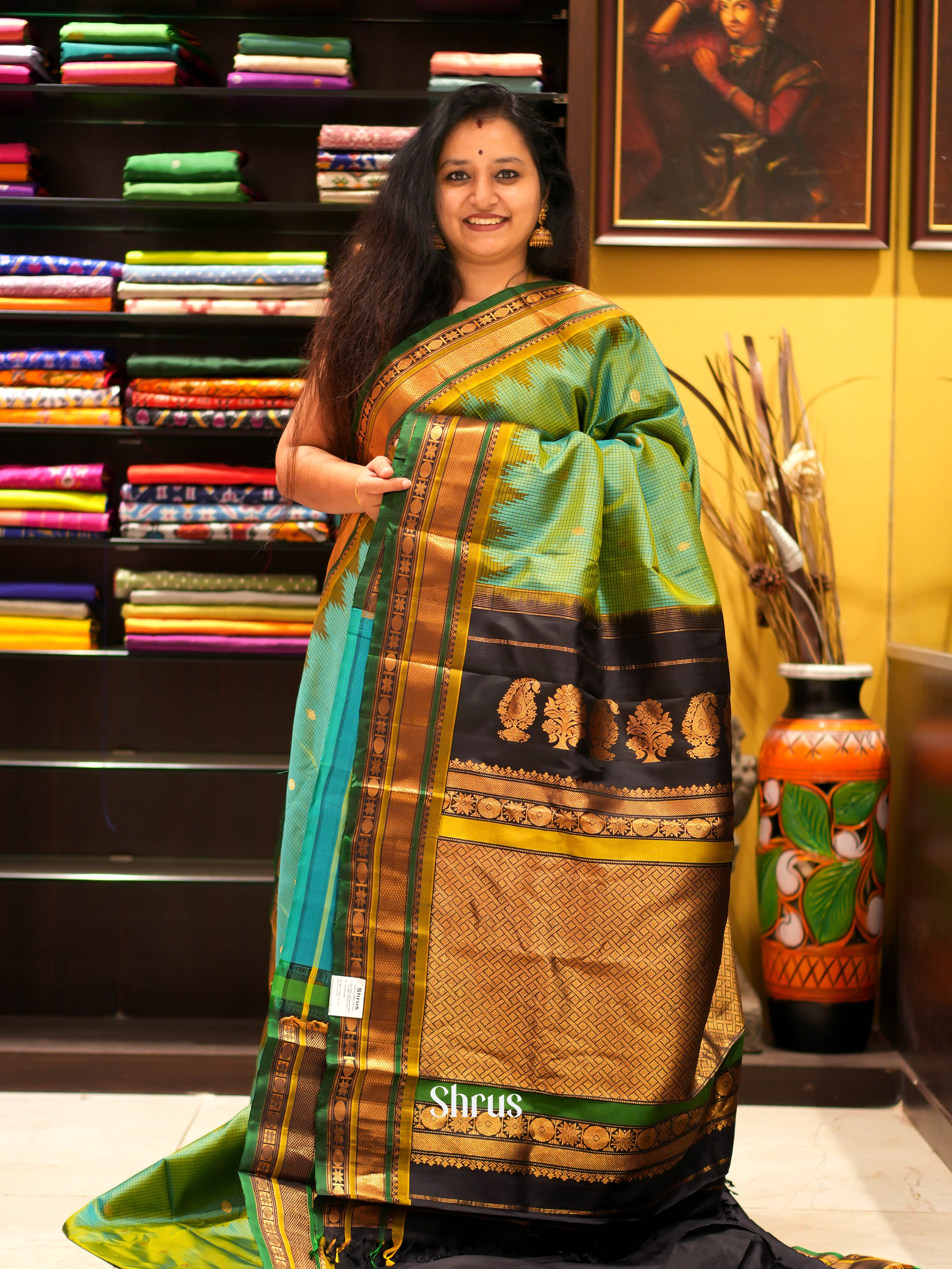 Teal & Black - Gadwal Silk Saree