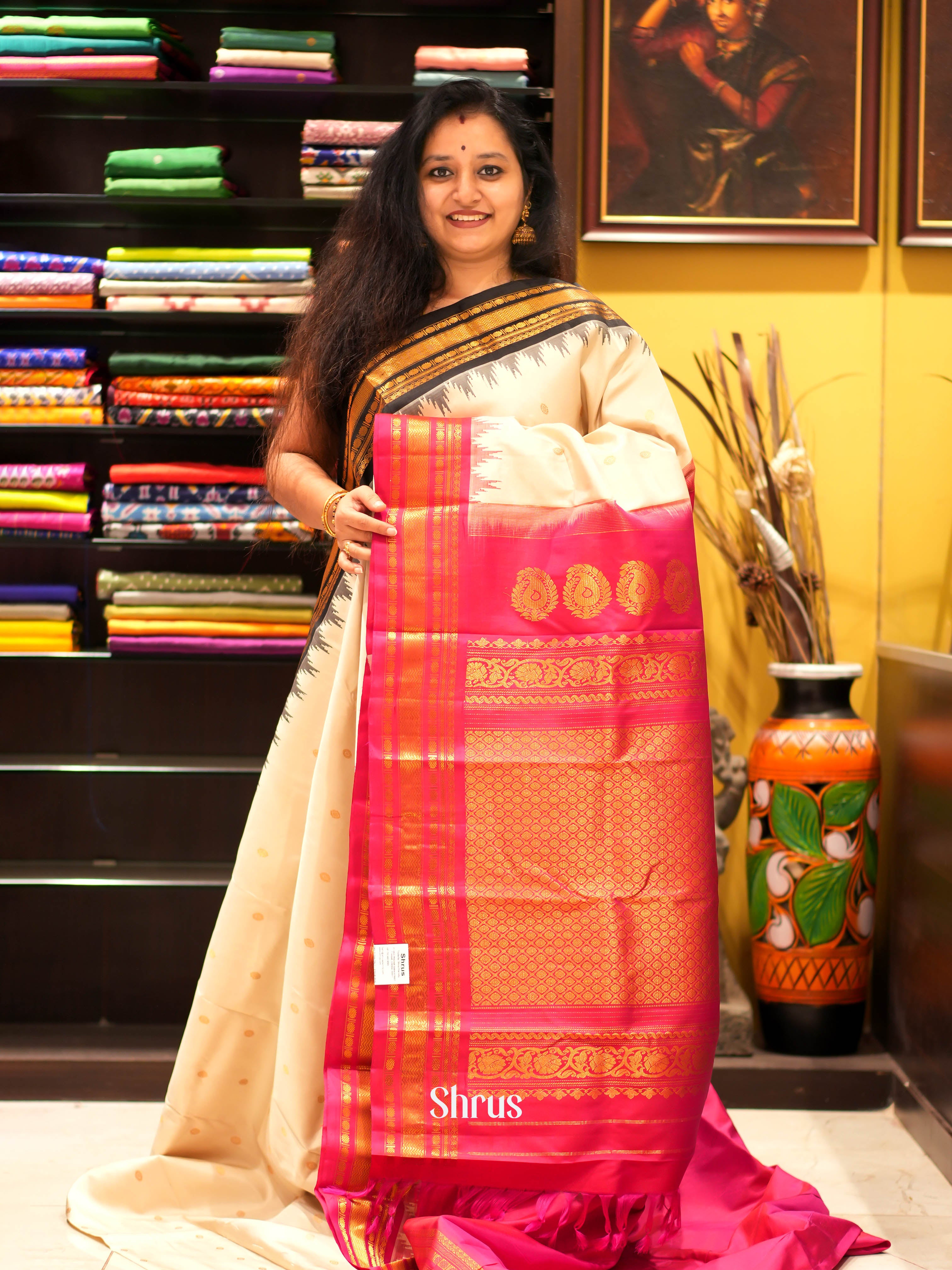 Cream & Pink - Gadwal Silk Saree