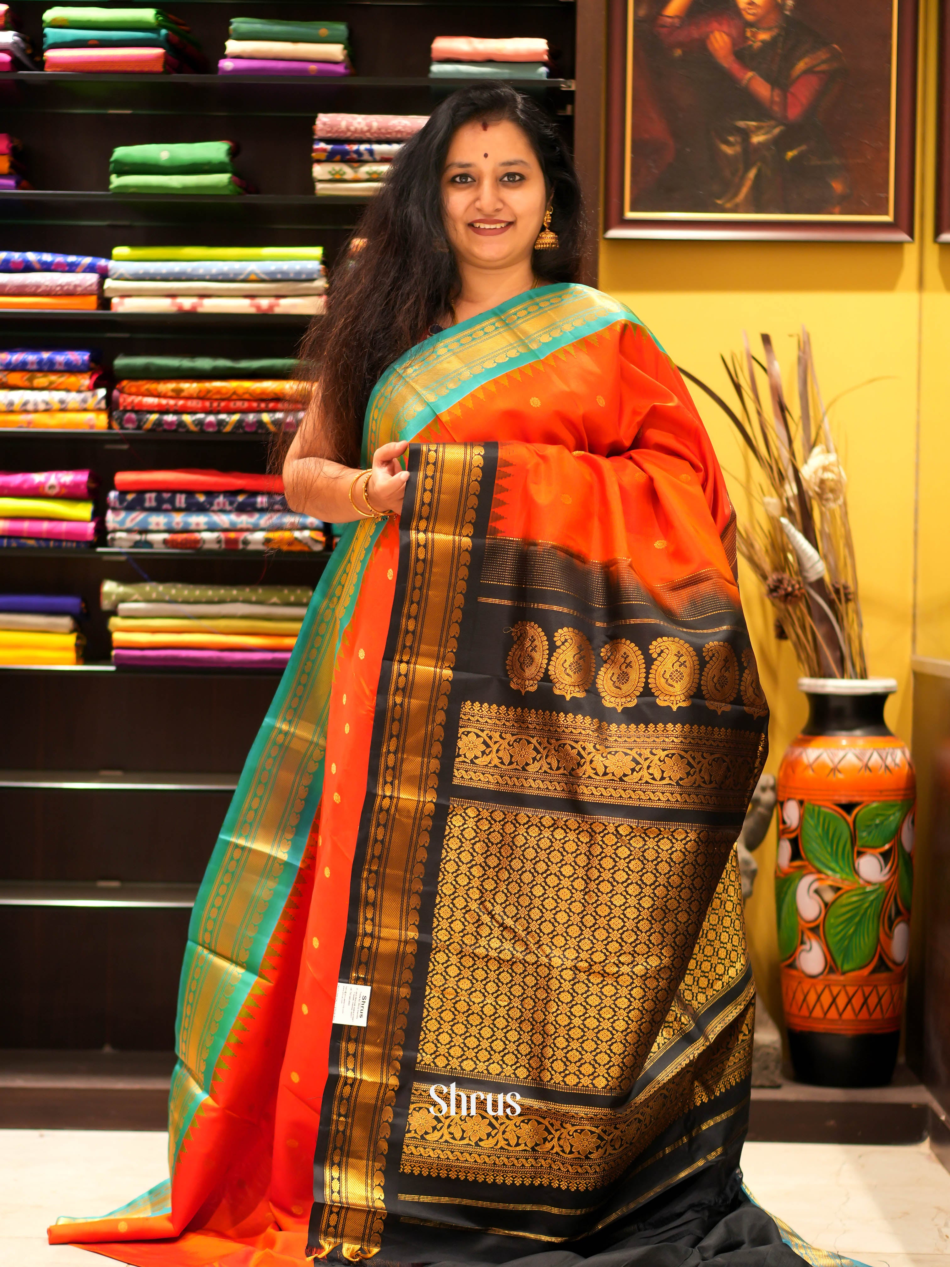 Orange & Black - Gadwal Silk Saree