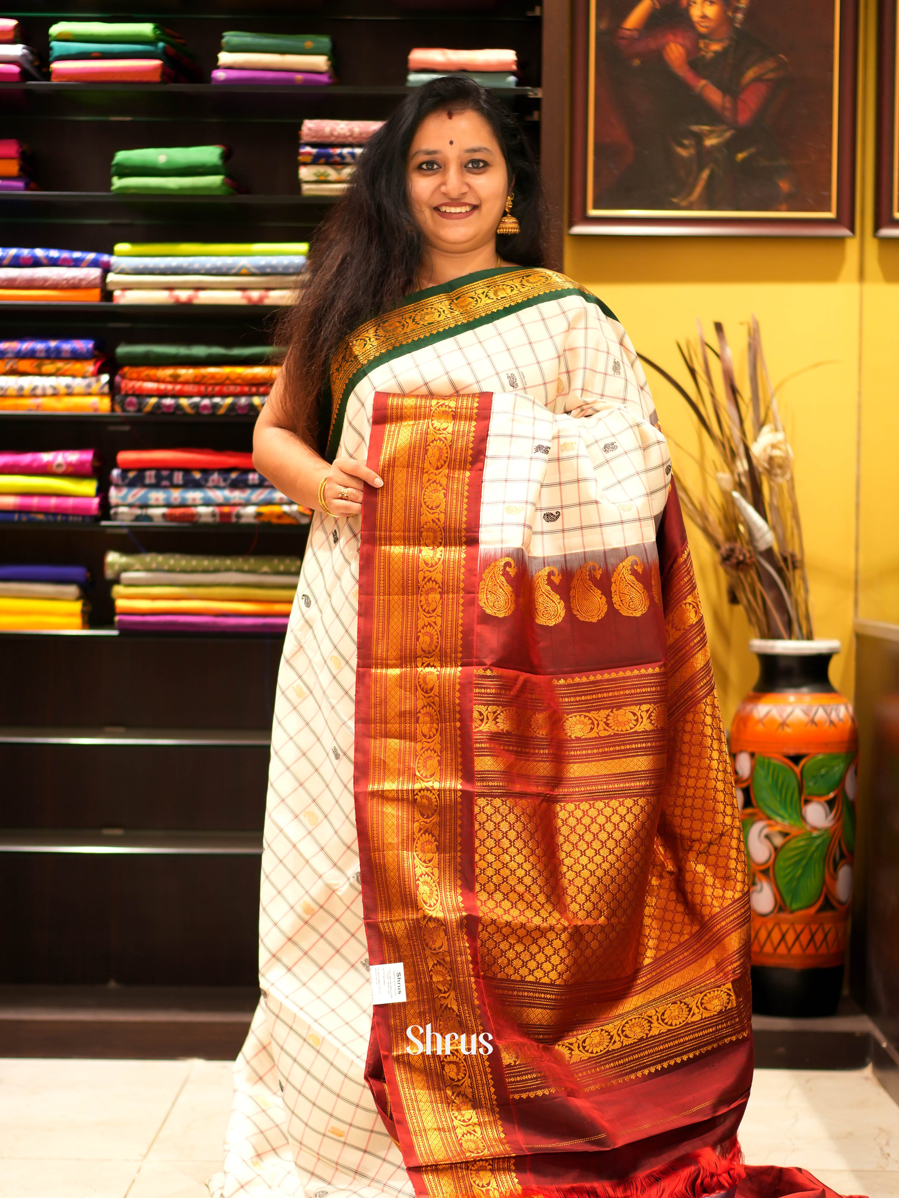 Cream & Maroon/Green (Ganga Jamuna) - Gadwal silk Saree