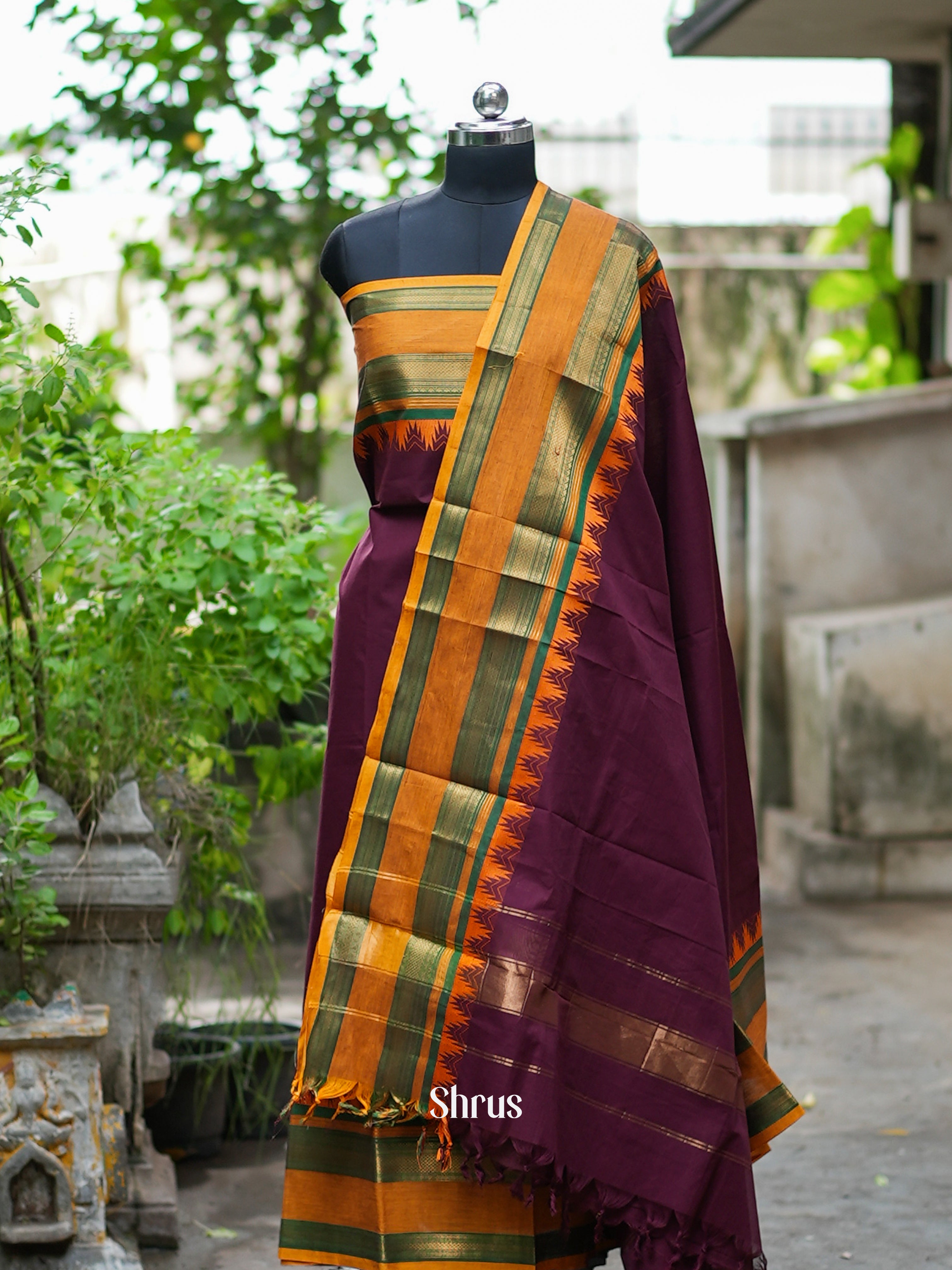 Brown  & Orange - Chettinad Cotton Top & Dupatta Combo